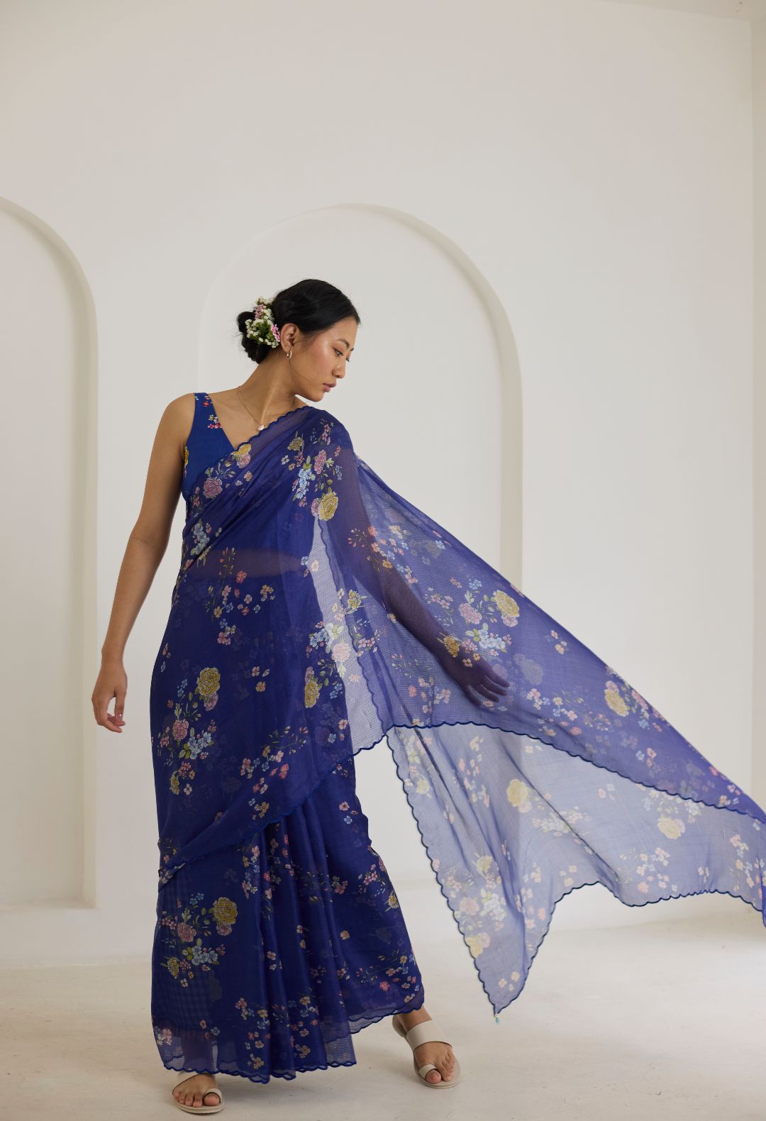 Royal Blue Bouquet Kota Doria Silk Sari