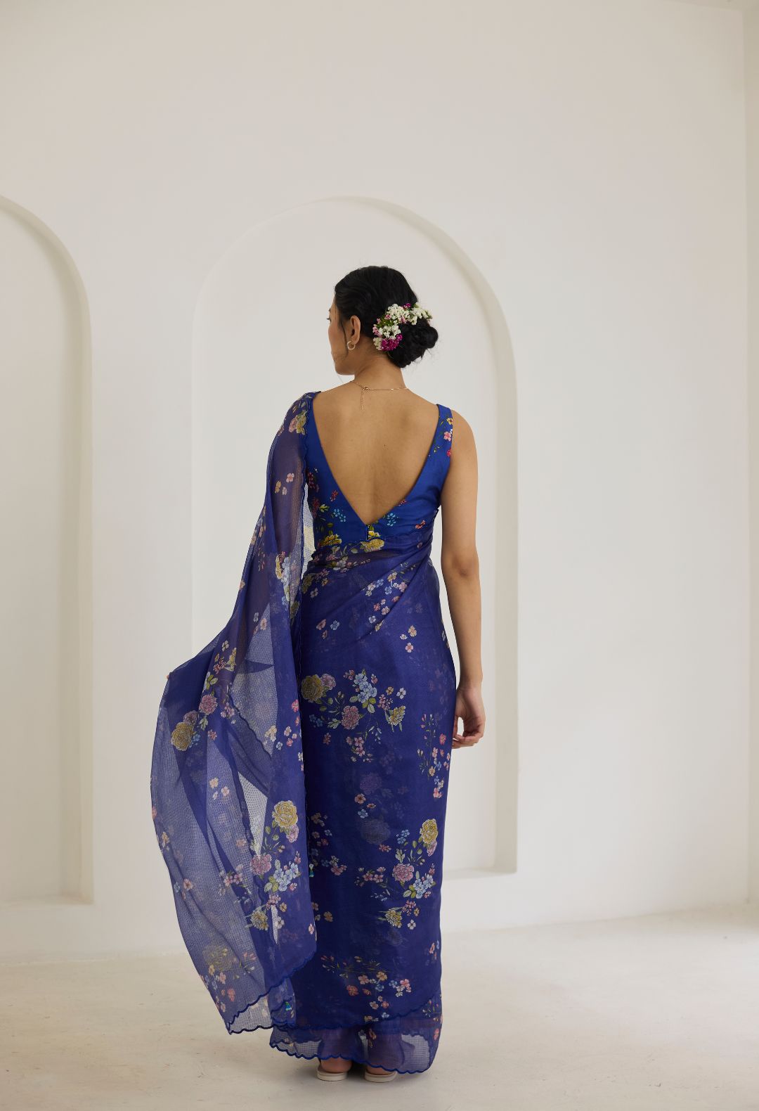 Royal Blue Bouquet Kota Doria Silk Sari