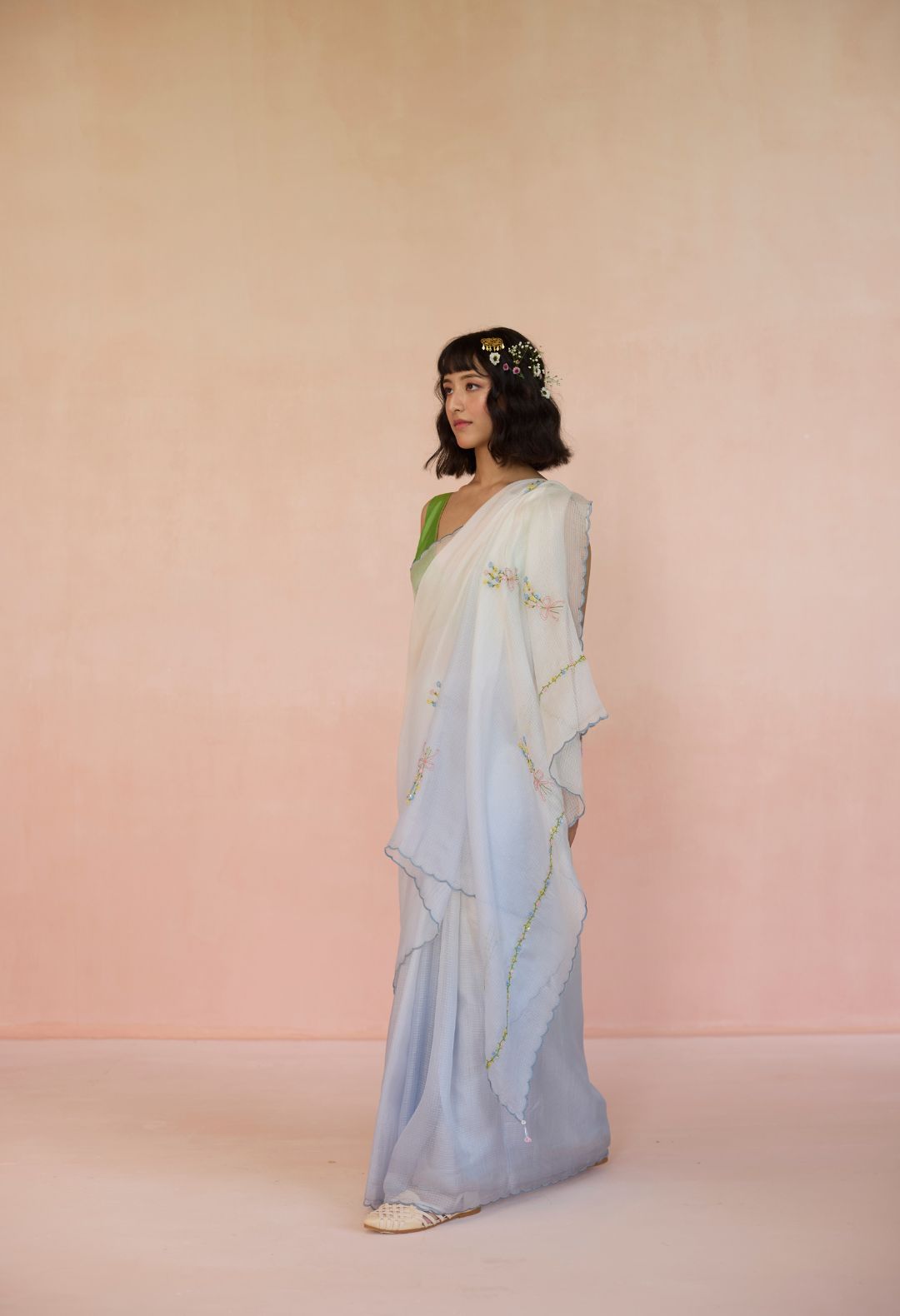 Bouquet Kota Doria Silk Sari Blue Ombre