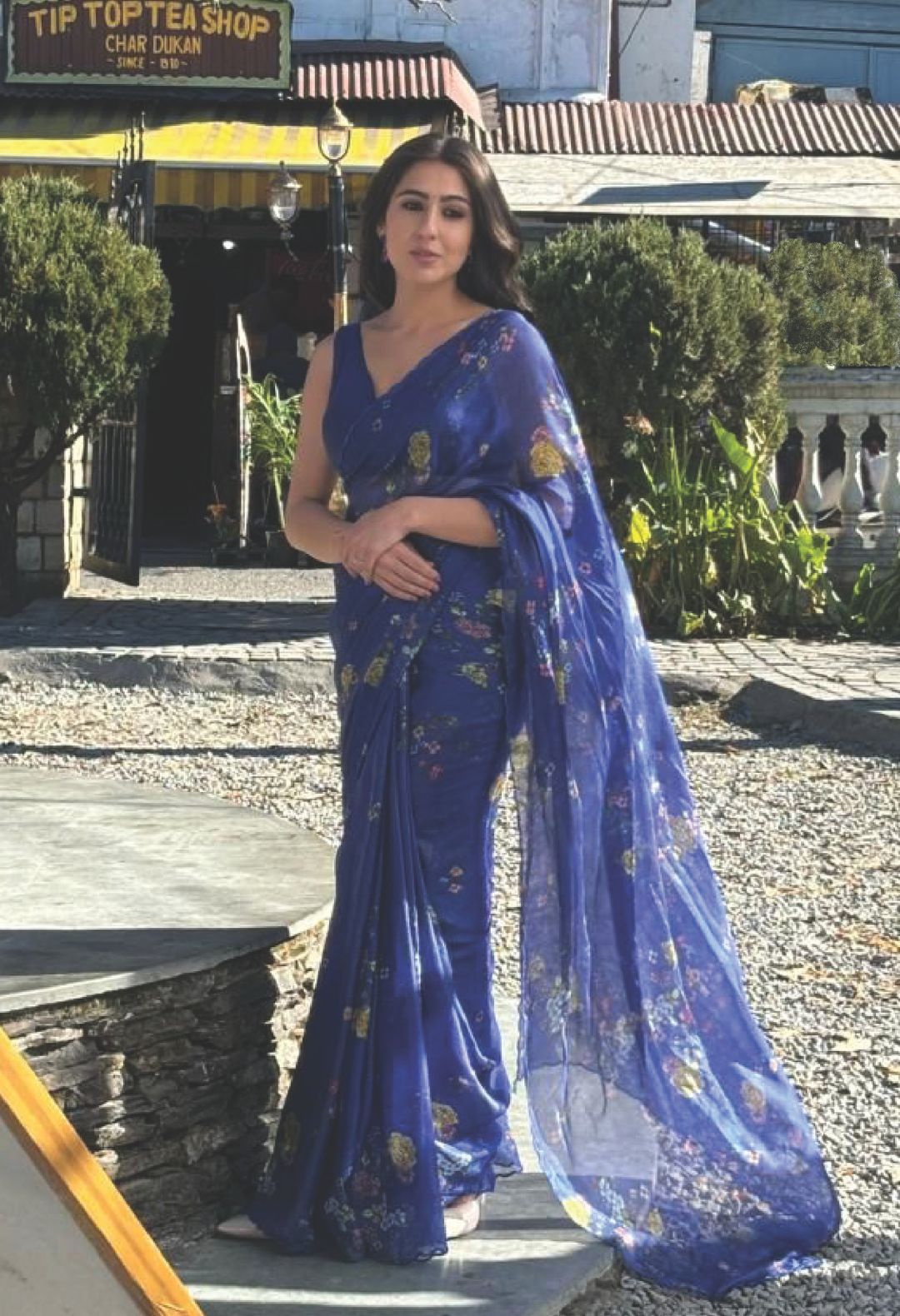 Sara Ali Khan in Royal Blue Bouquet Kota Doria Silk Sari