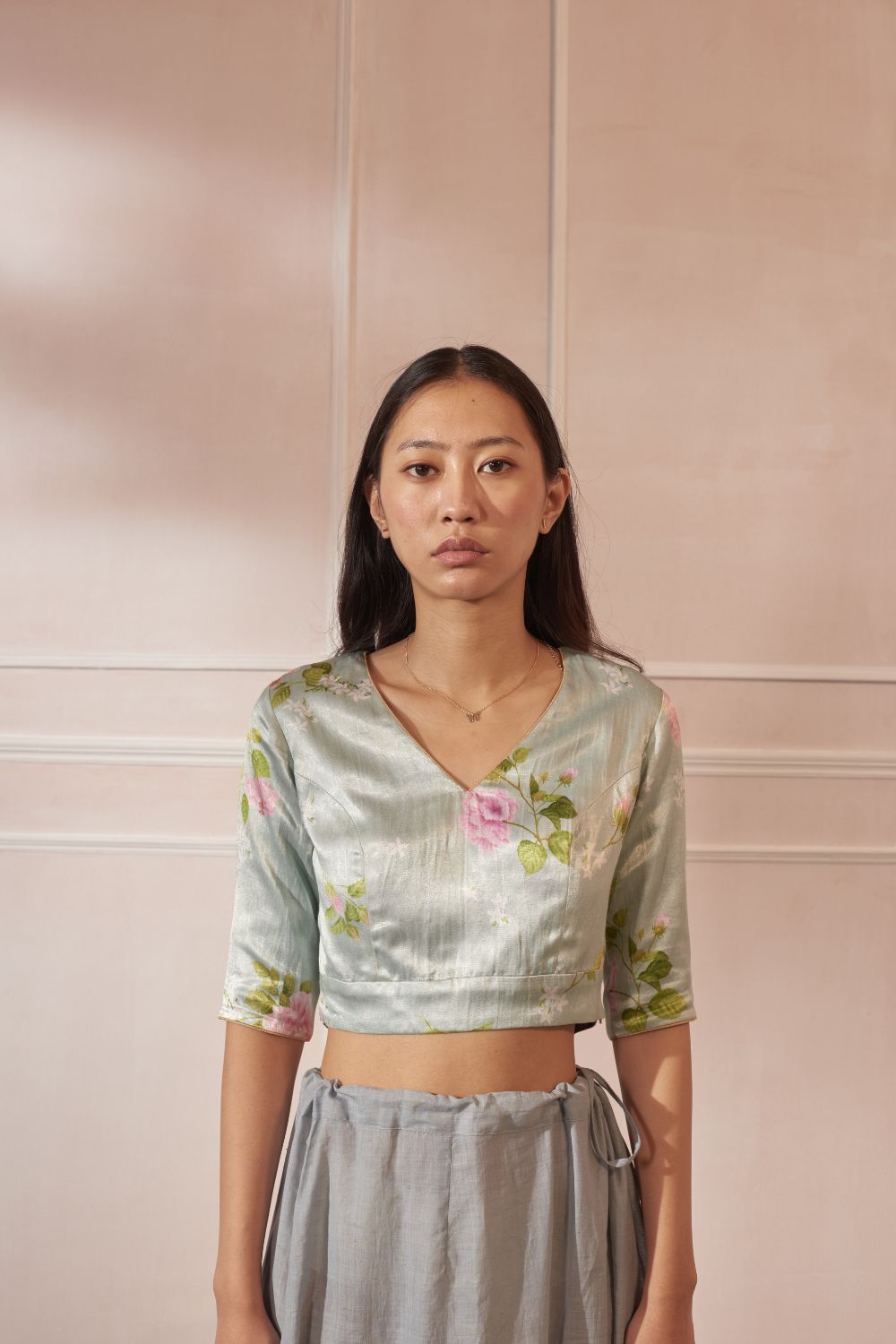 Hybiscus V Neck Satin Blouse