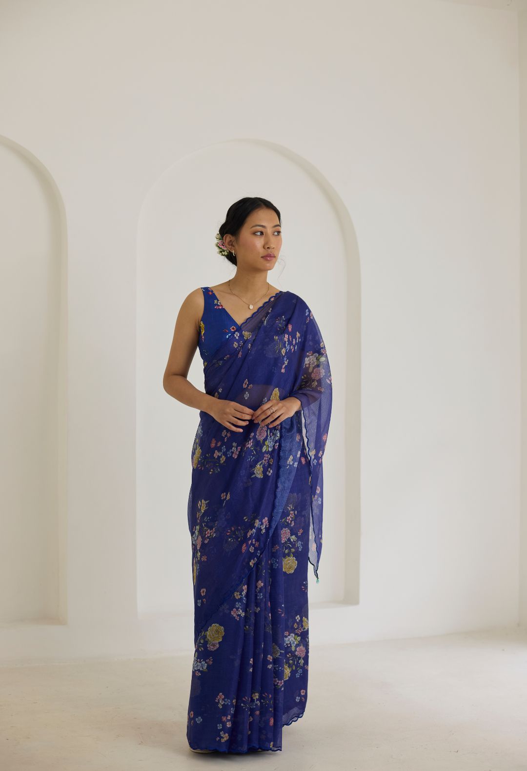 Royal Blue Bouquet Kota Doria Silk Sari
