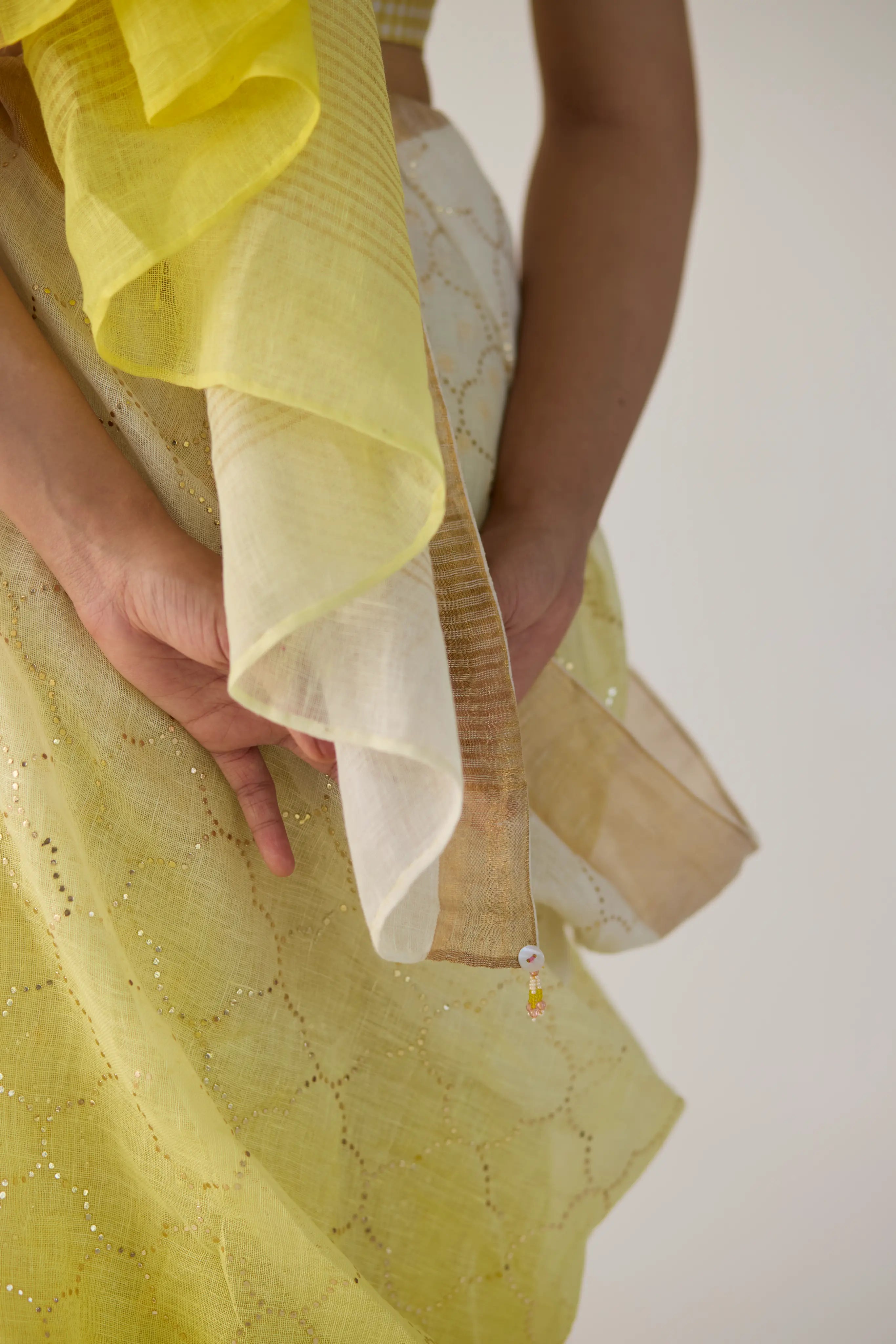 Yellow Ombre Linen Sari with Gold Dot Print