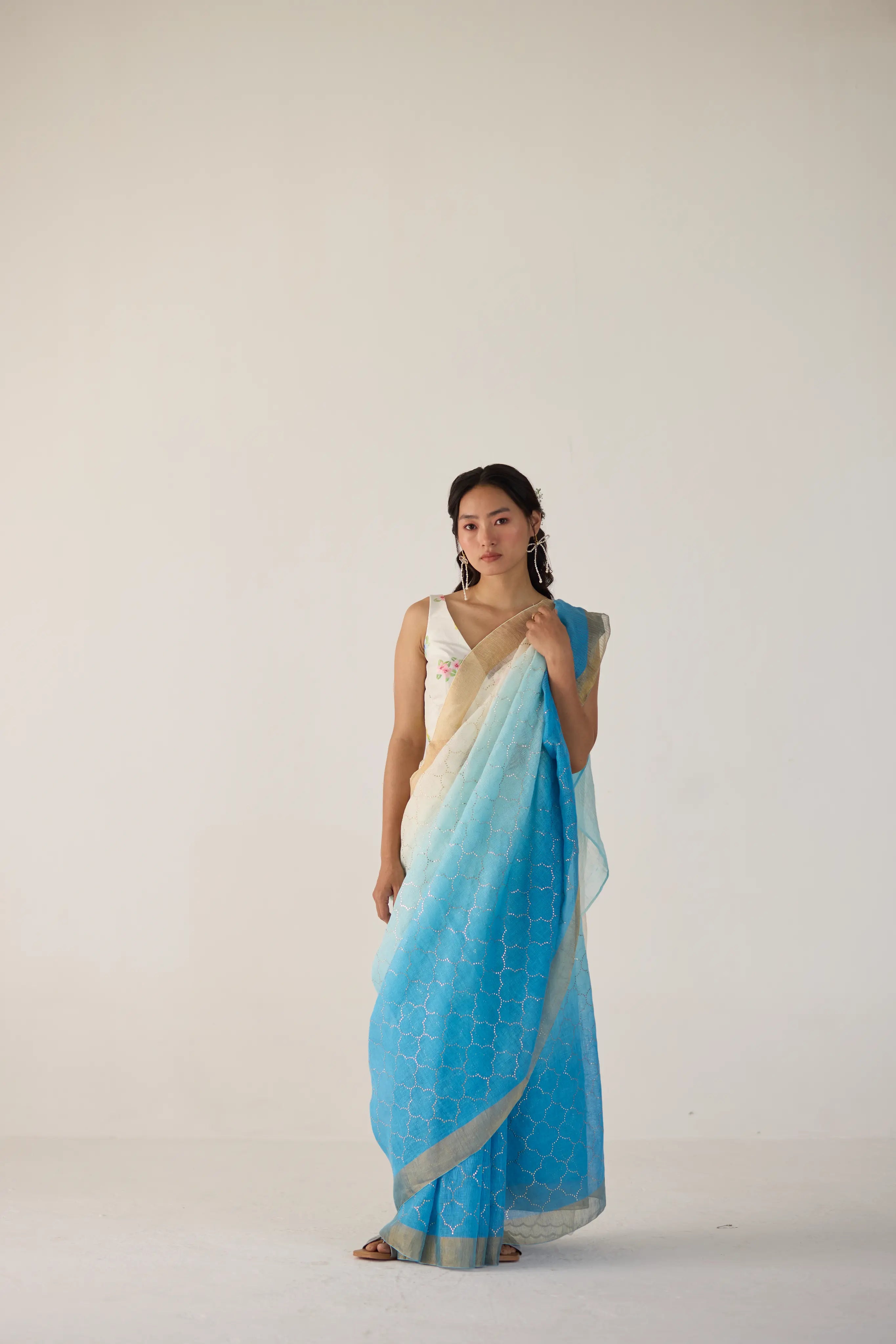 Blue Ombre Linen Sari with Gold Dot Print