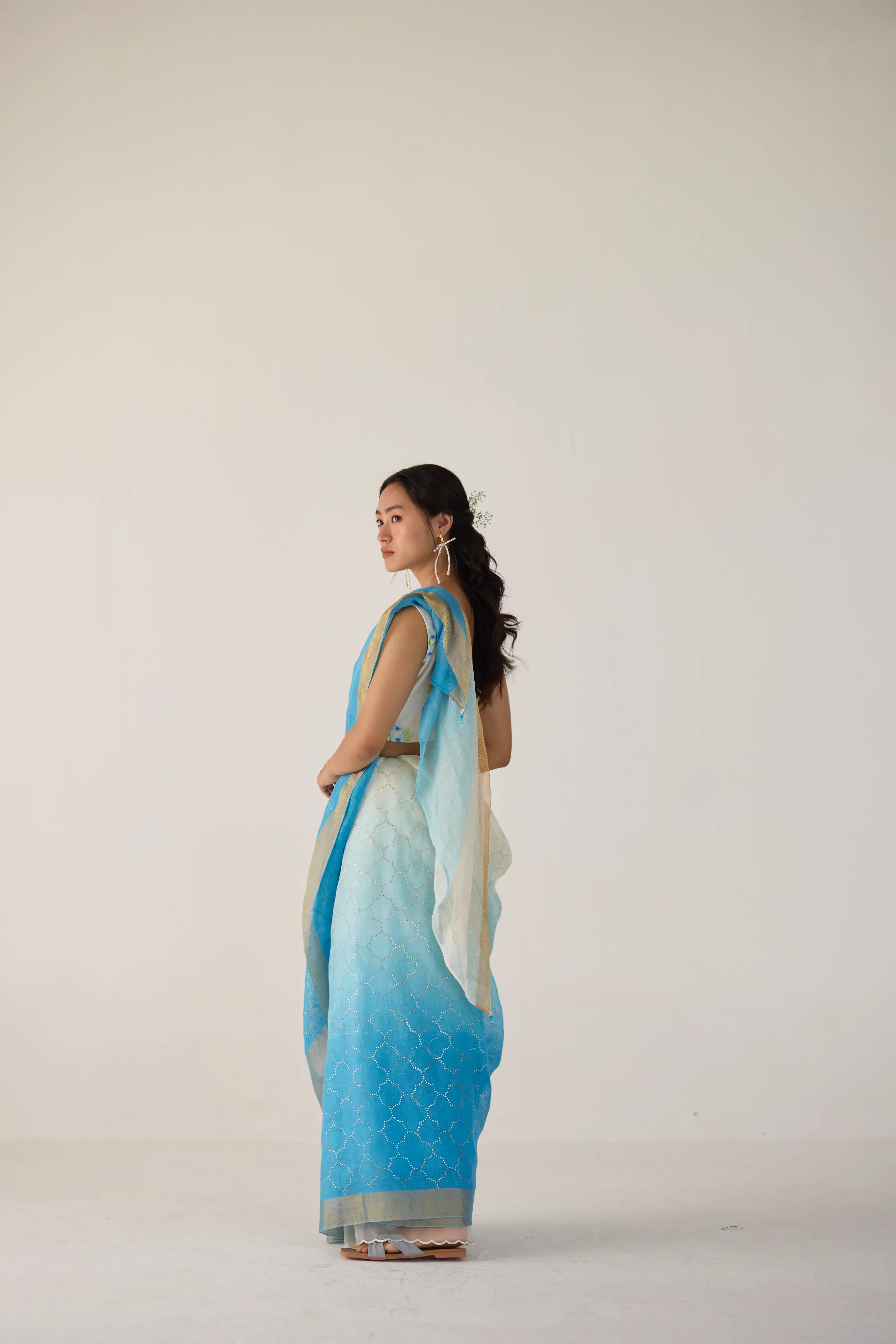 Blue Ombre Linen Sari with Gold Dot Print