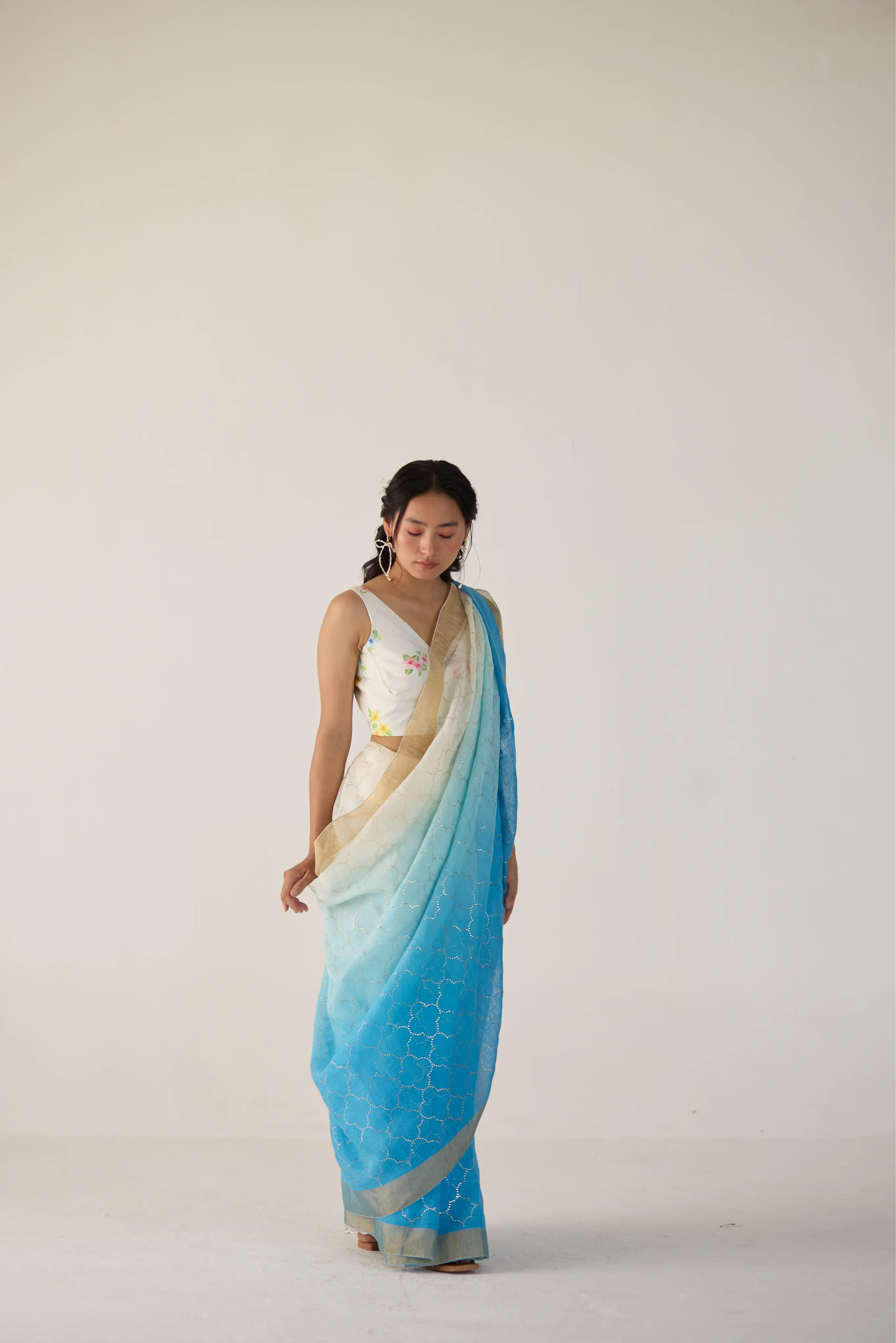 Blue Ombre Linen Sari with Gold Dot Print