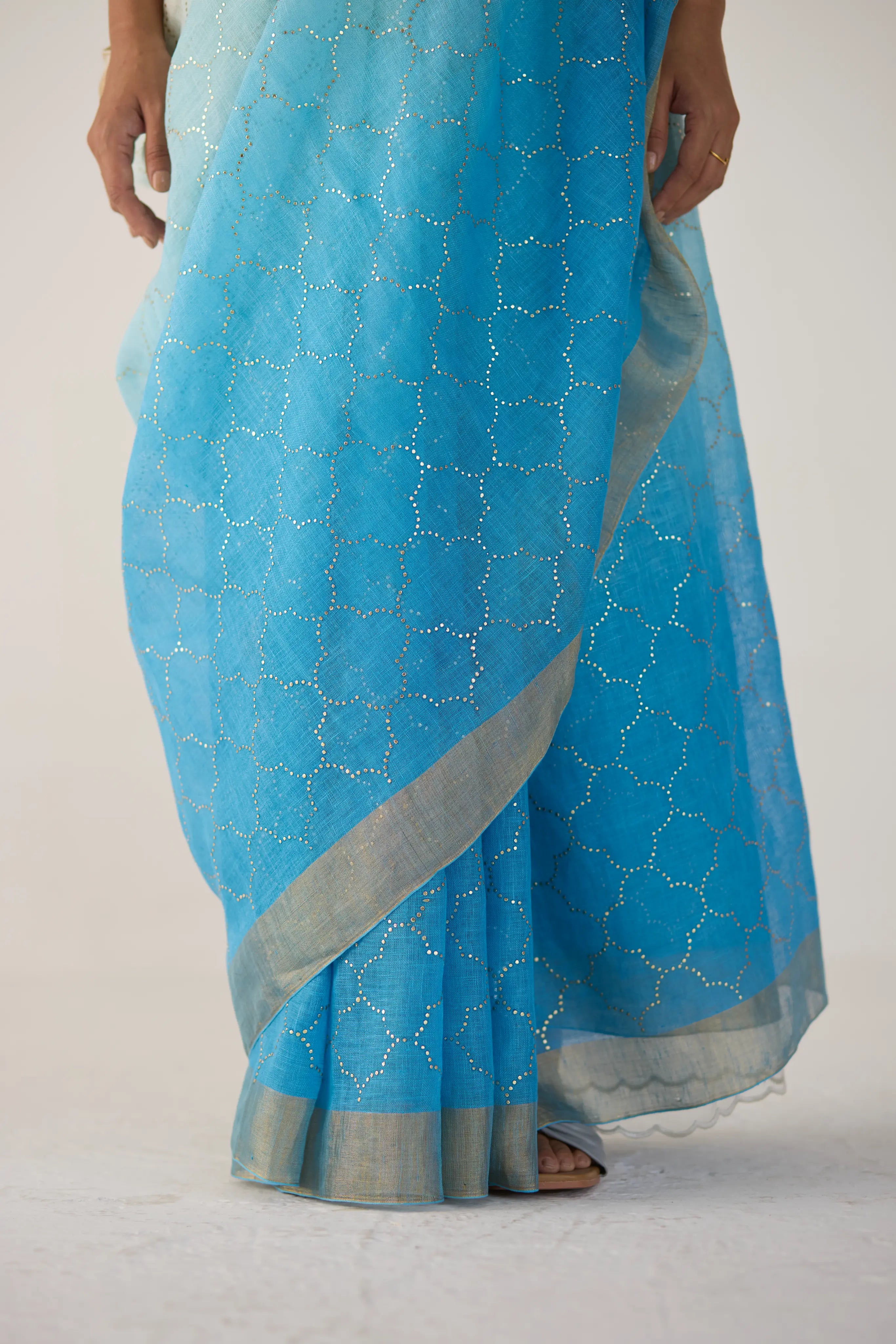 Blue Ombre Linen Sari with Gold Dot Print