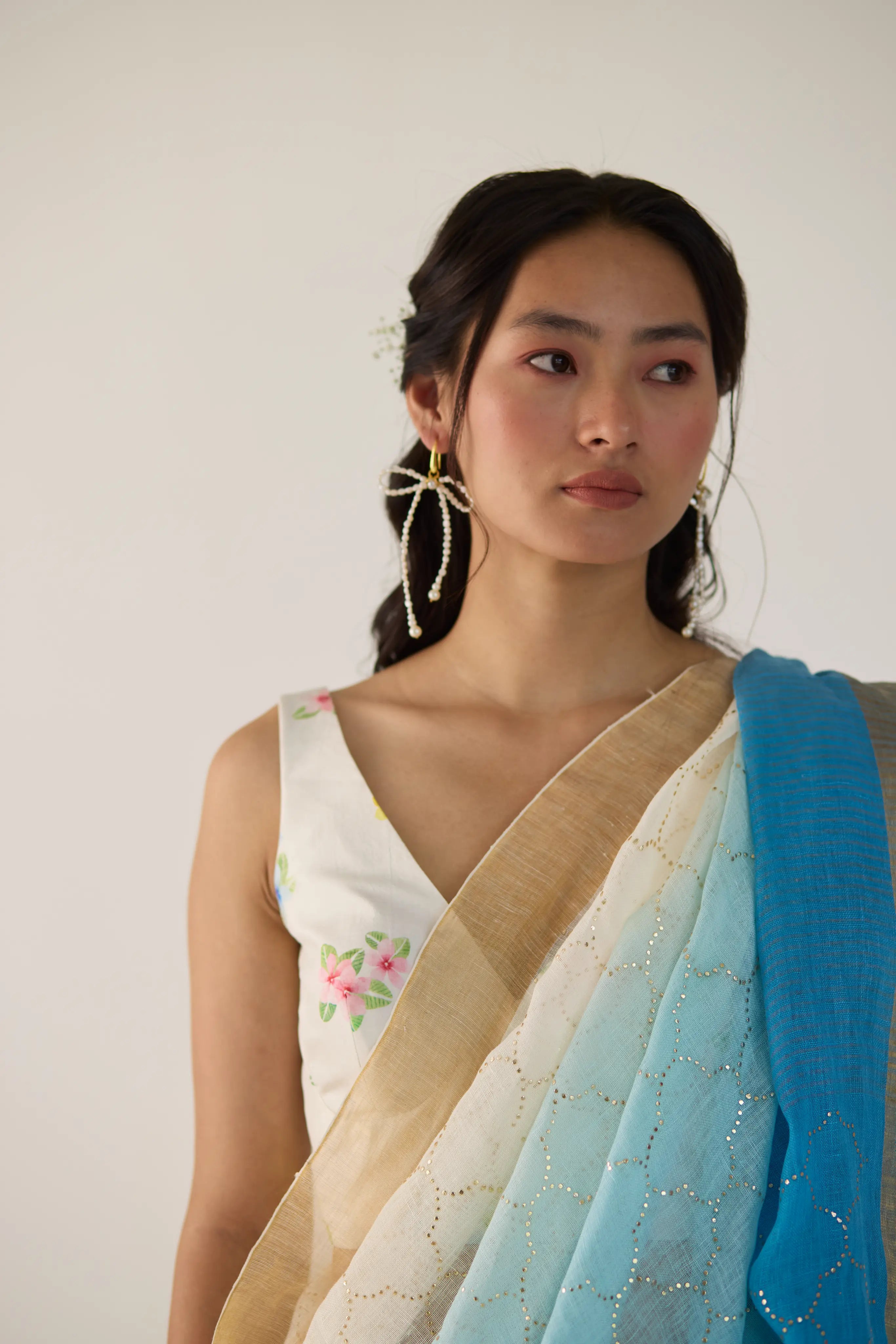 Blue Ombre Linen Sari with Gold Dot Print