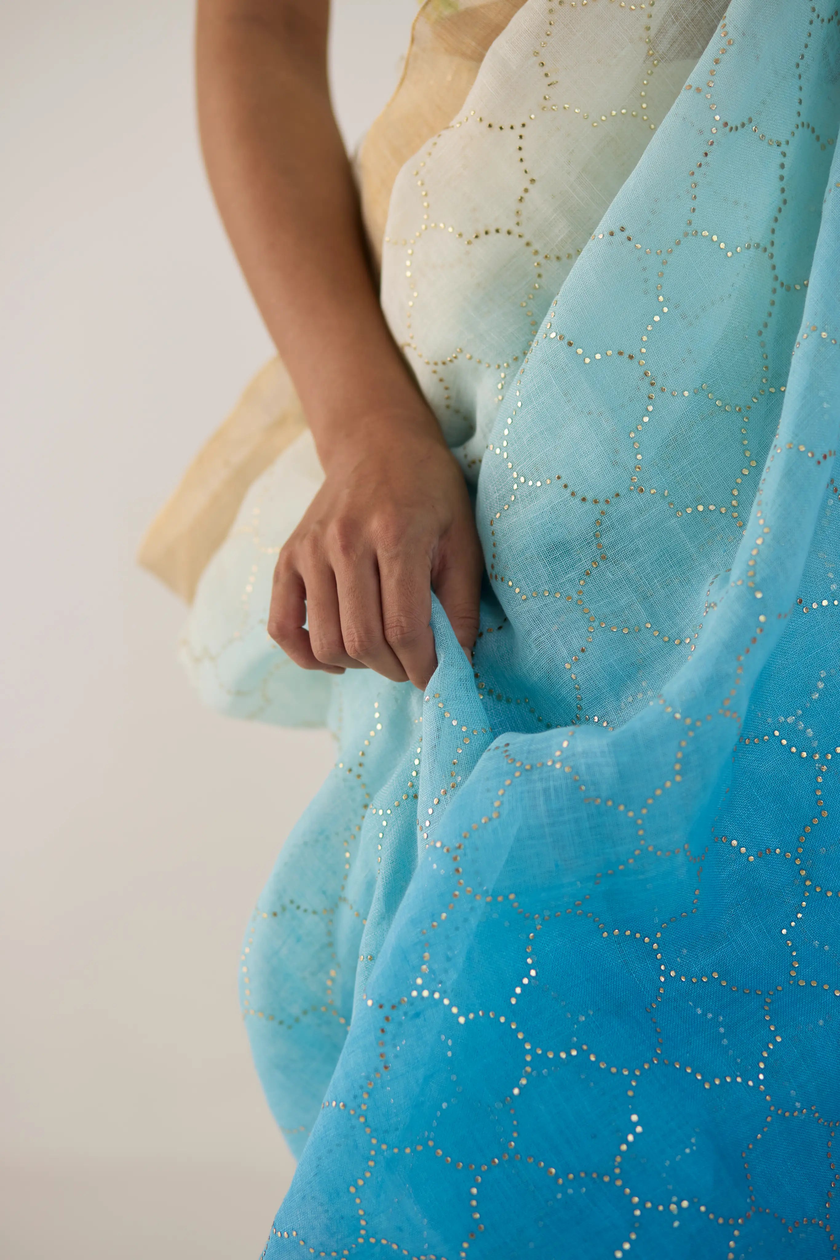 Blue Ombre Linen Sari with Gold Dot Print