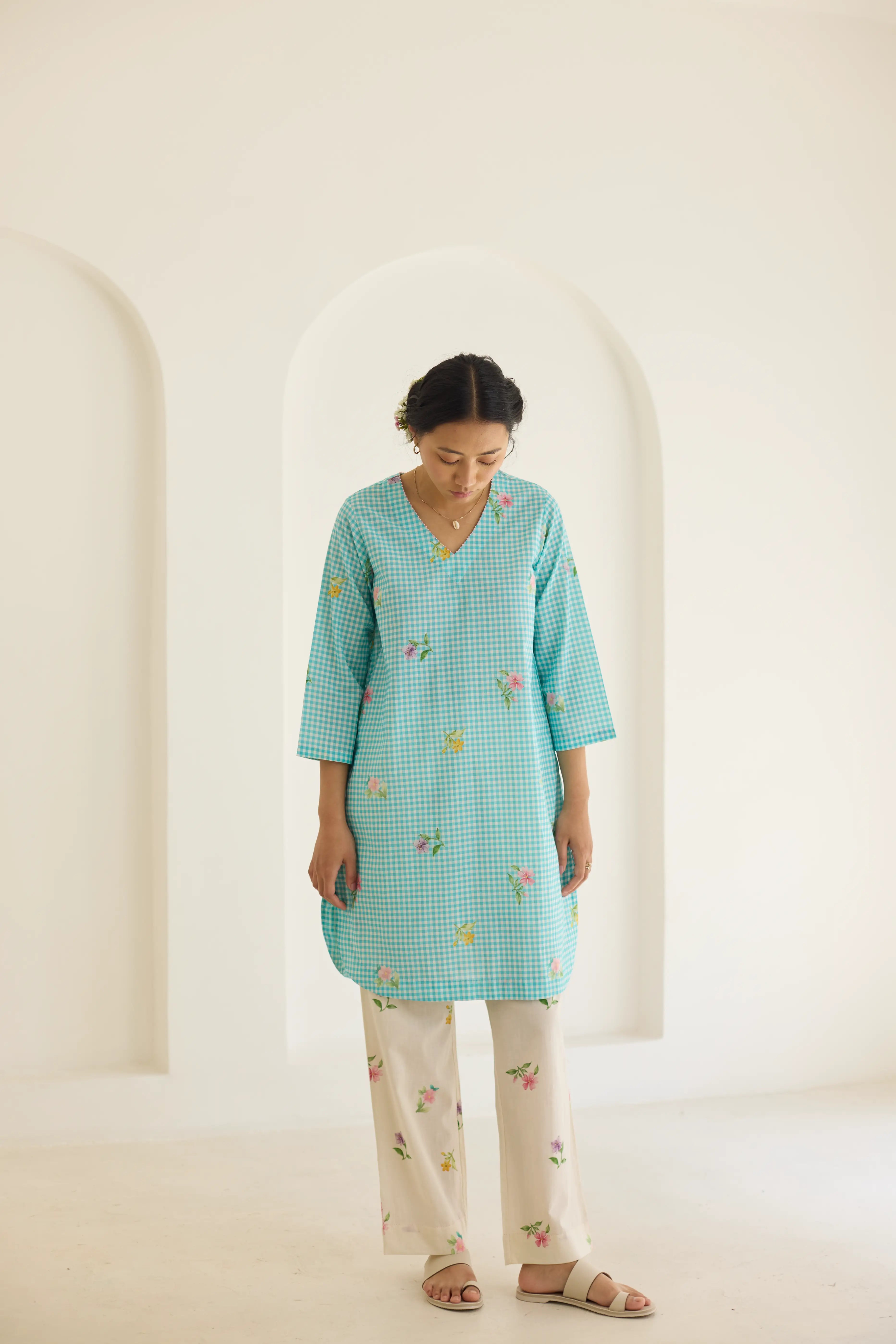 Blue Checks, Mallow Pants Short Kurta Set - V neck