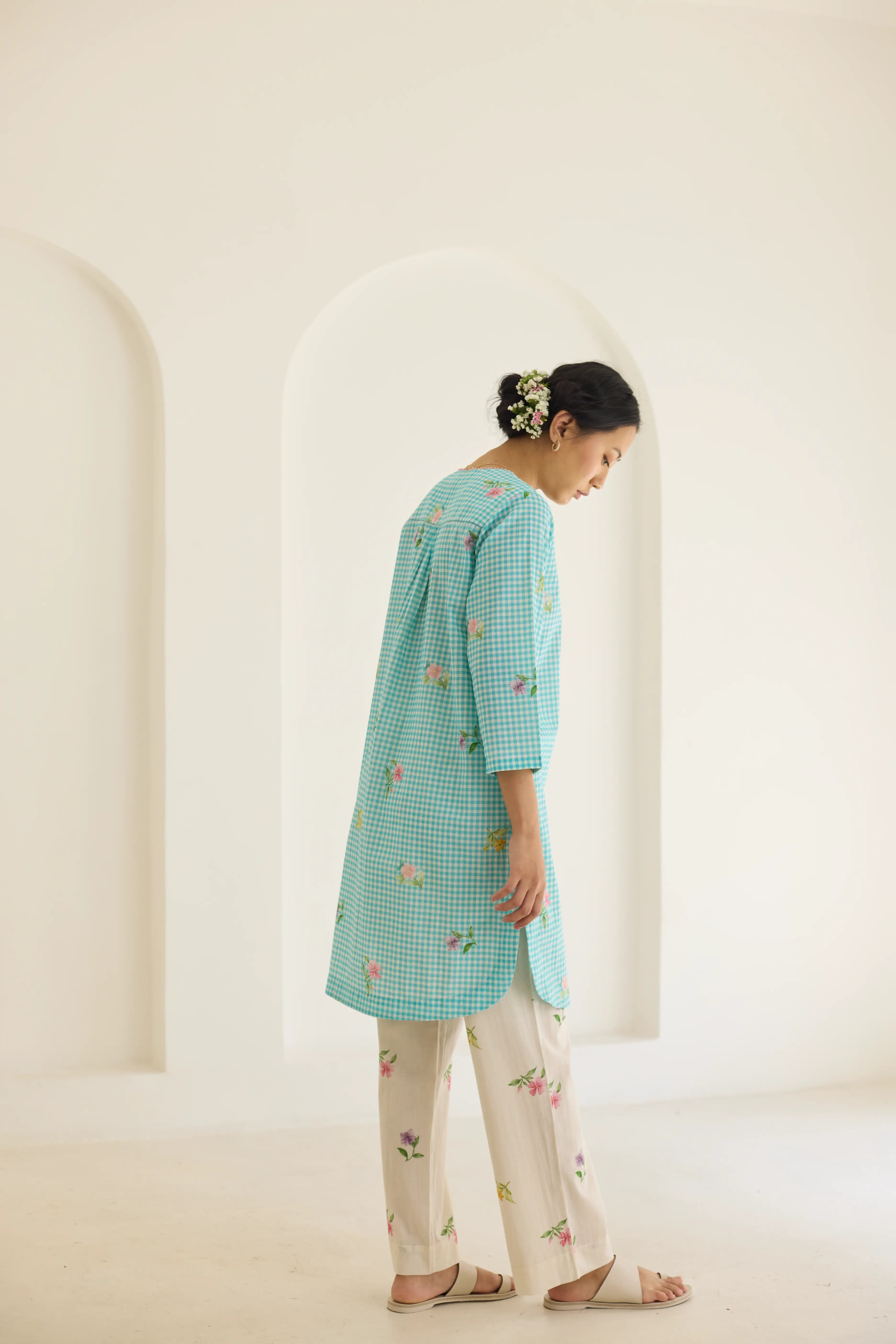 Blue Checks, Mallow Pants Short Kurta Set - V neck