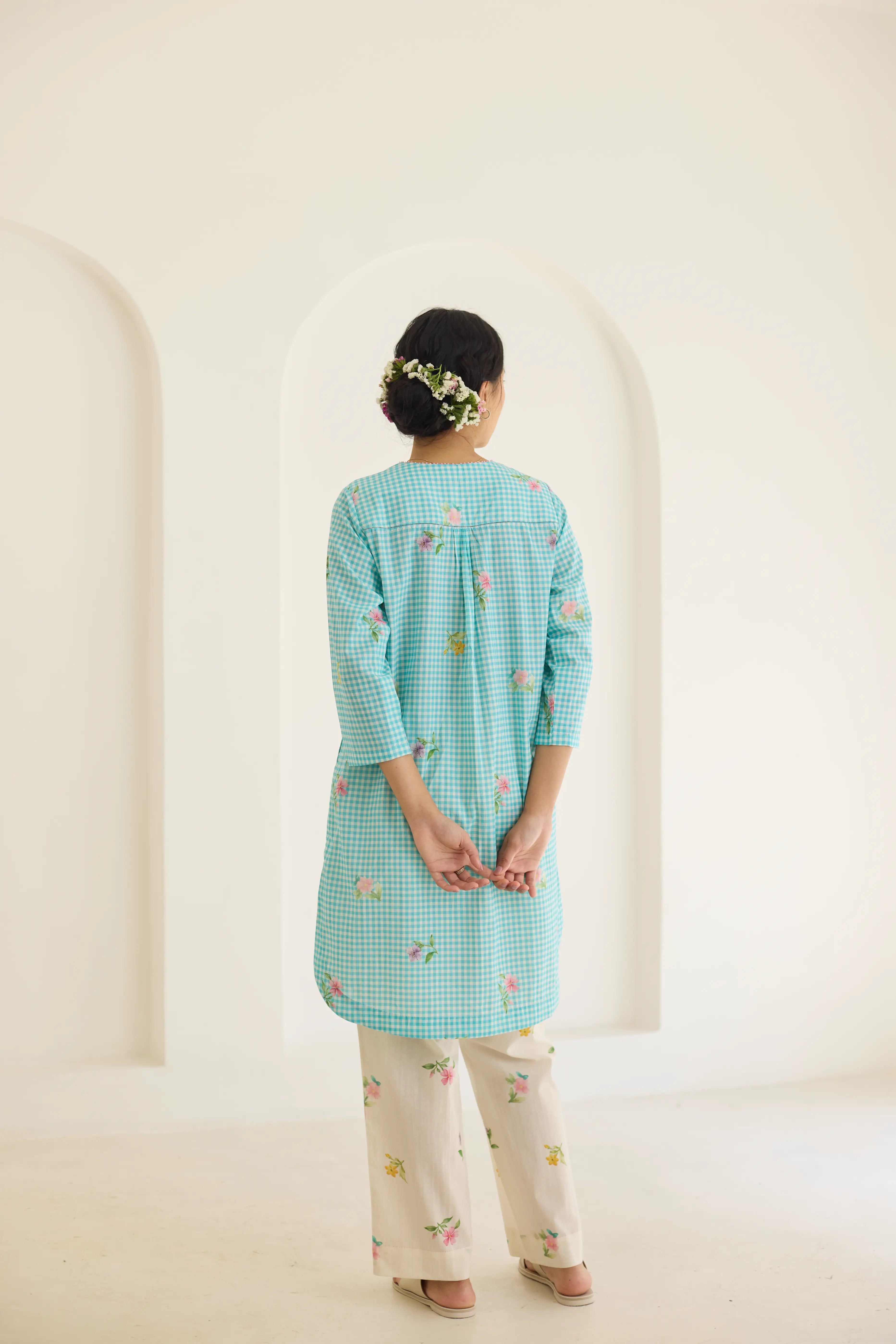 Blue Checks, Mallow Pants Short Kurta Set - V neck