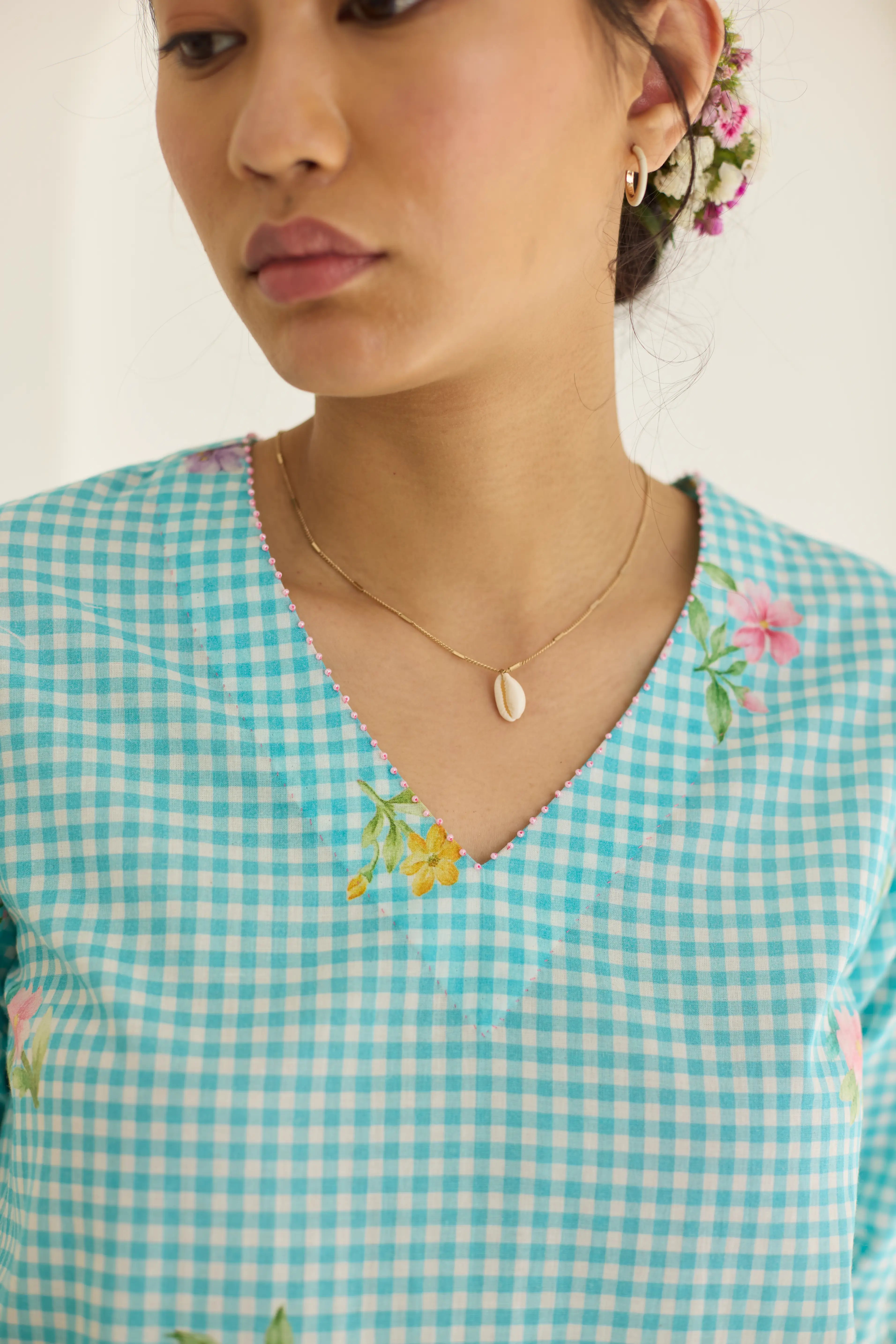 Blue Checks, Mallow Pants Short Kurta Set - V neck