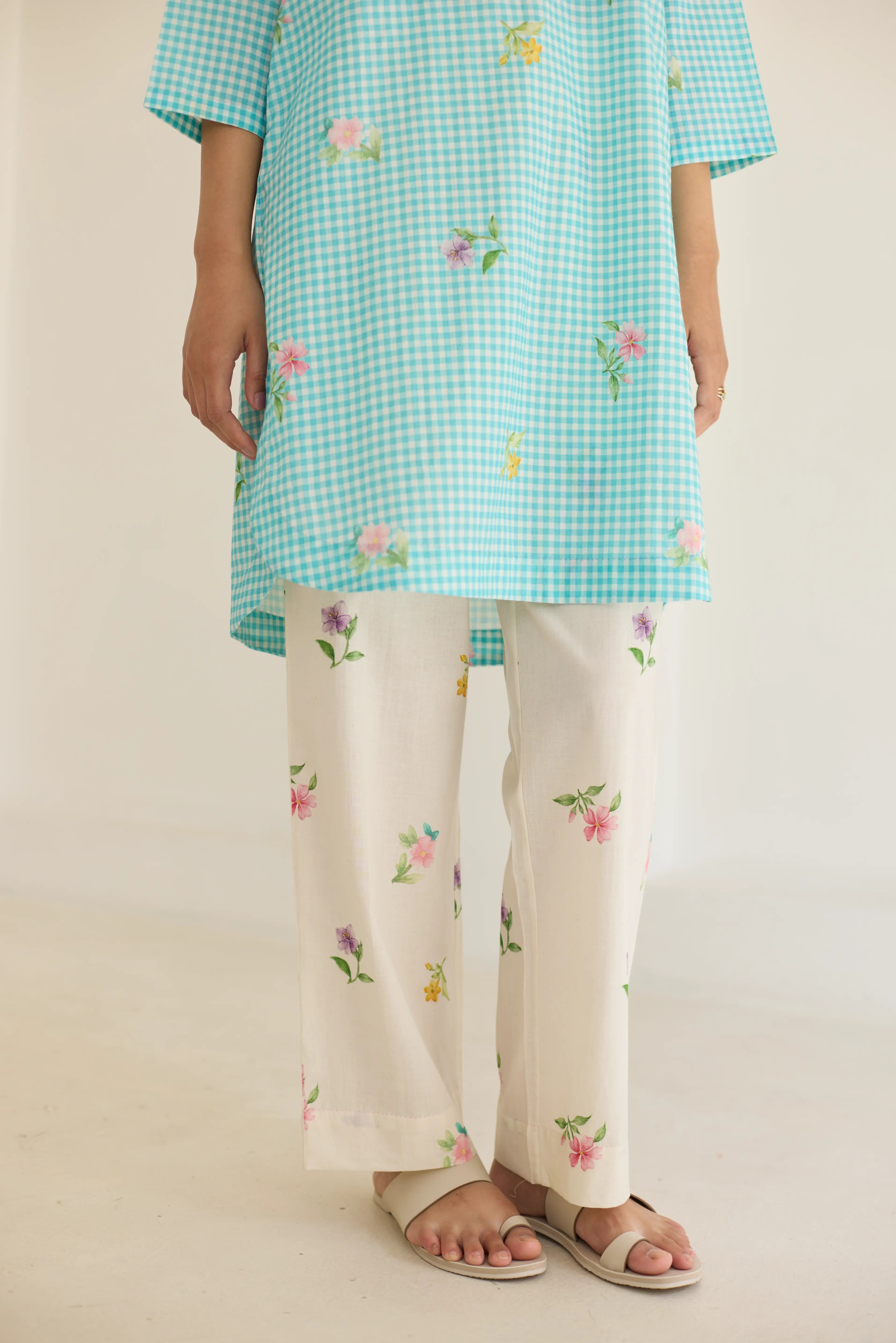 Blue Checks, Mallow Pants Short Kurta Set - V neck