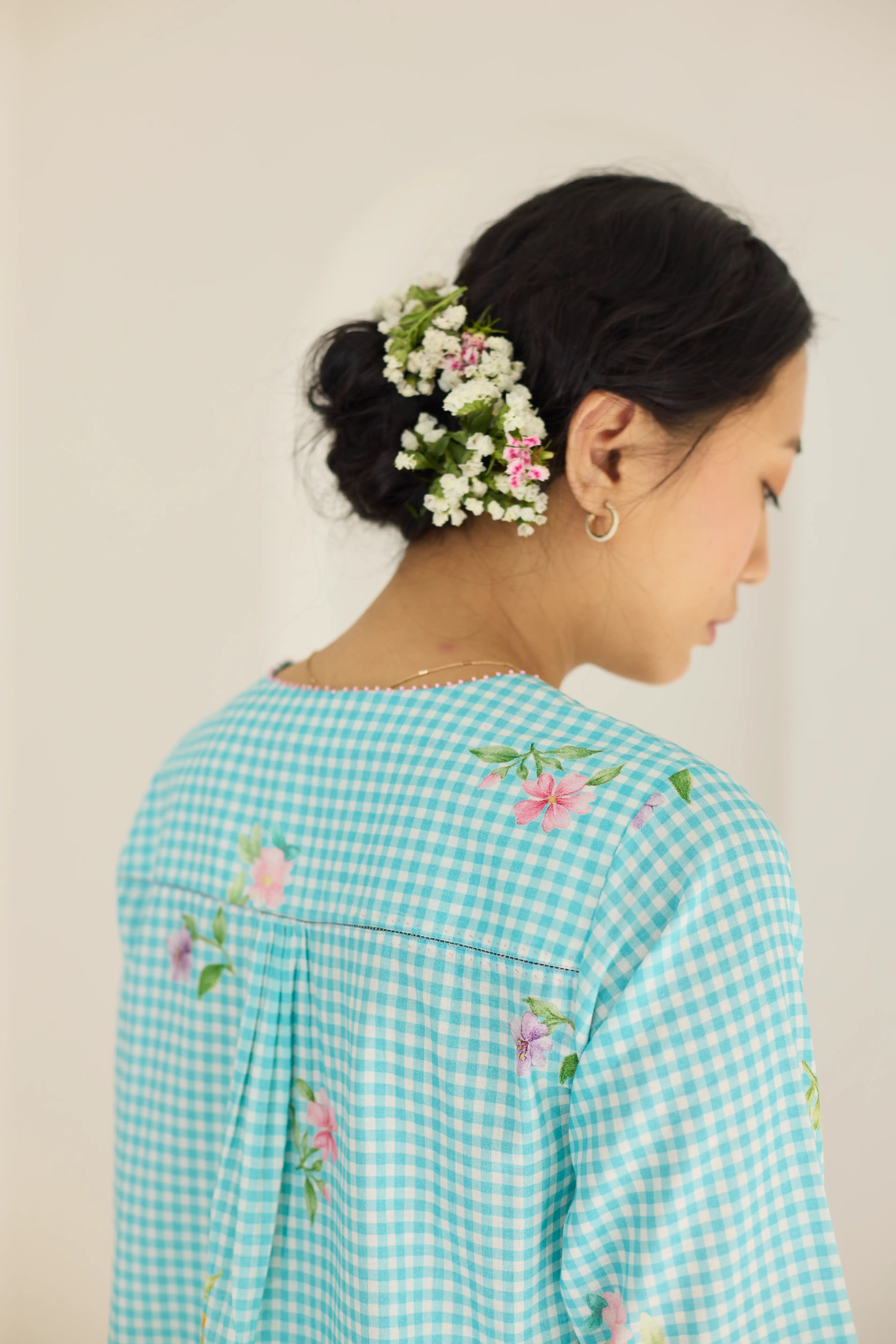 Blue Checks, Mallow Pants Short Kurta Set - V neck