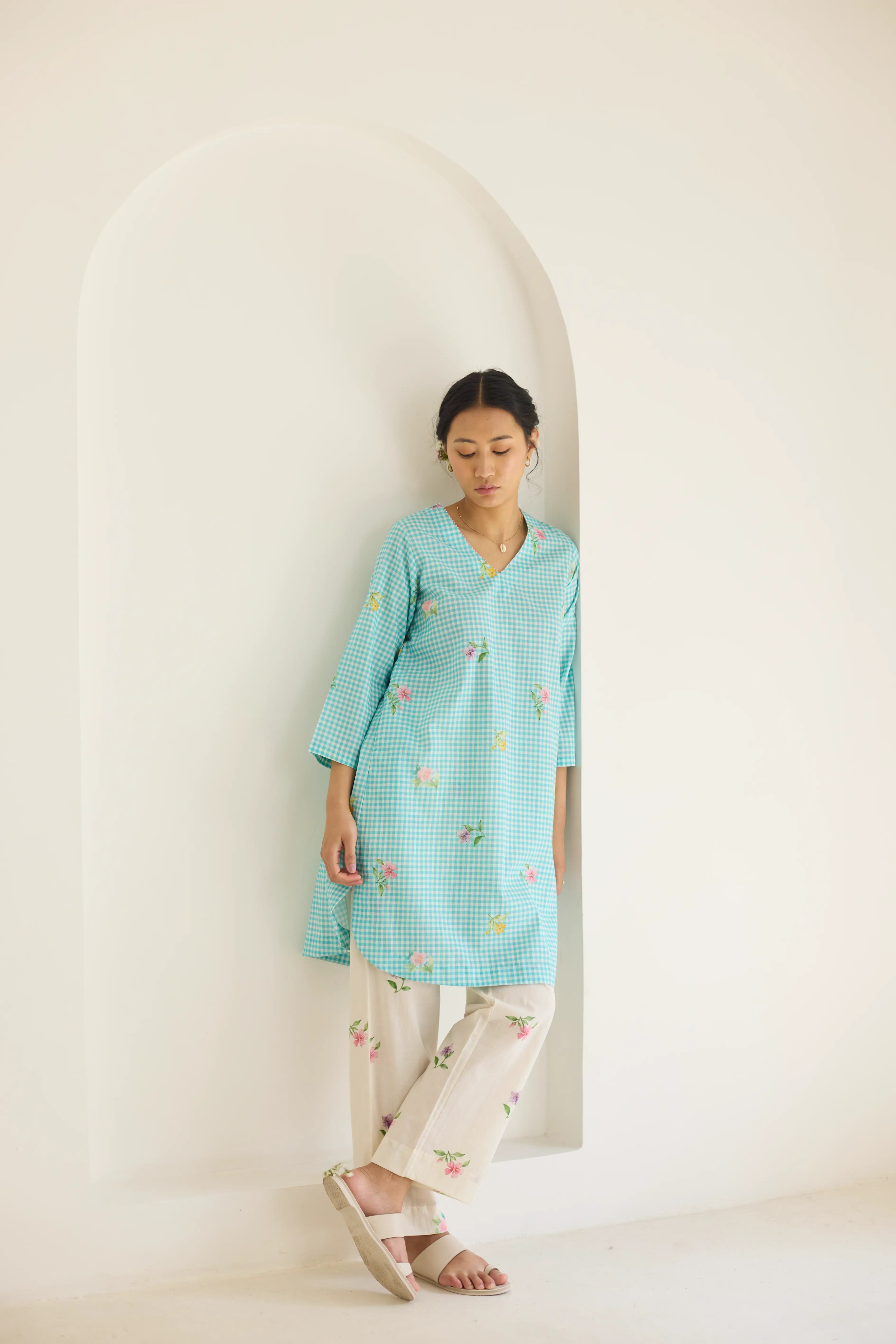 Blue Checks, Mallow Pants Short Kurta Set - V neck