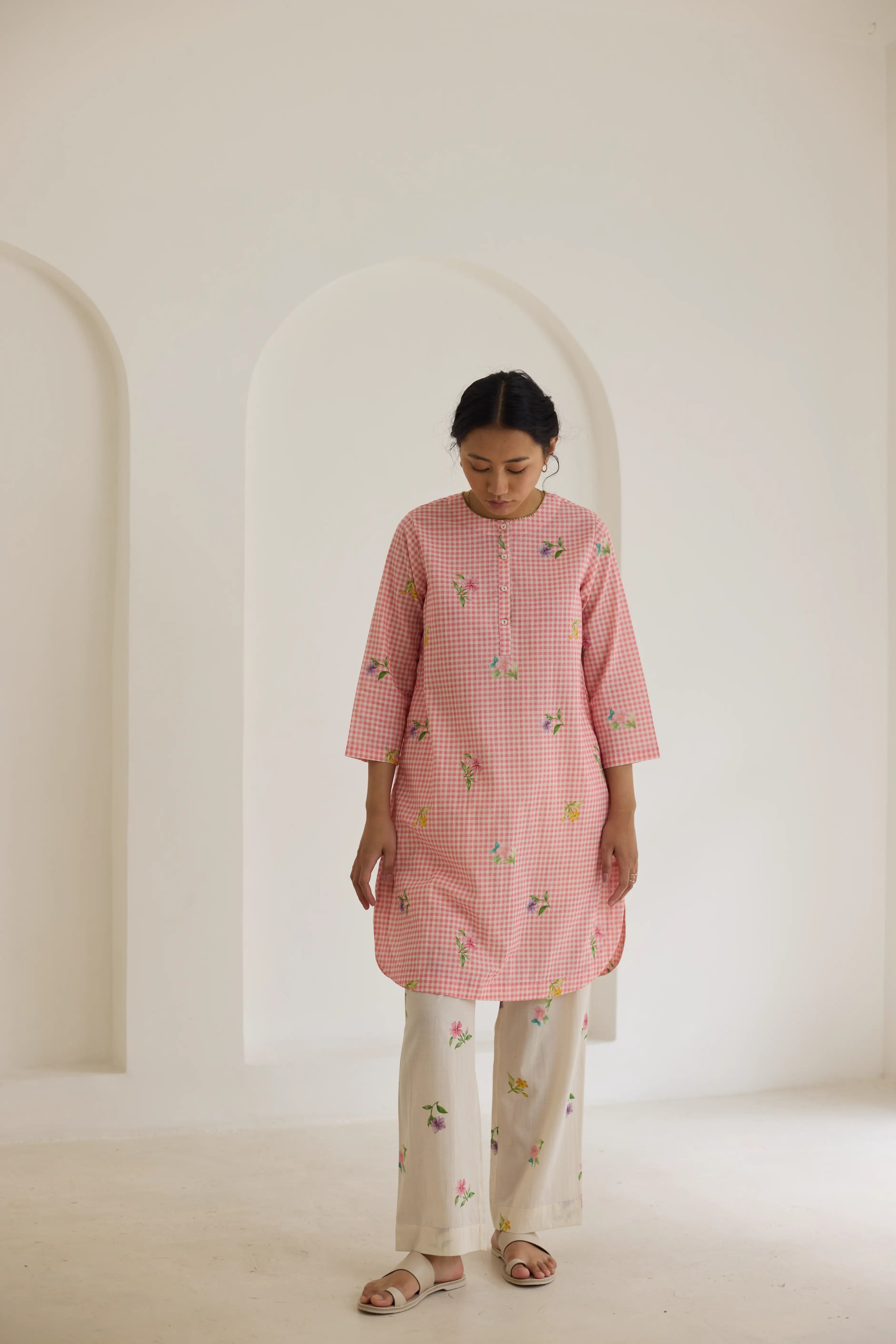 Pink Checks, Mallow Pants Short Kurta Set