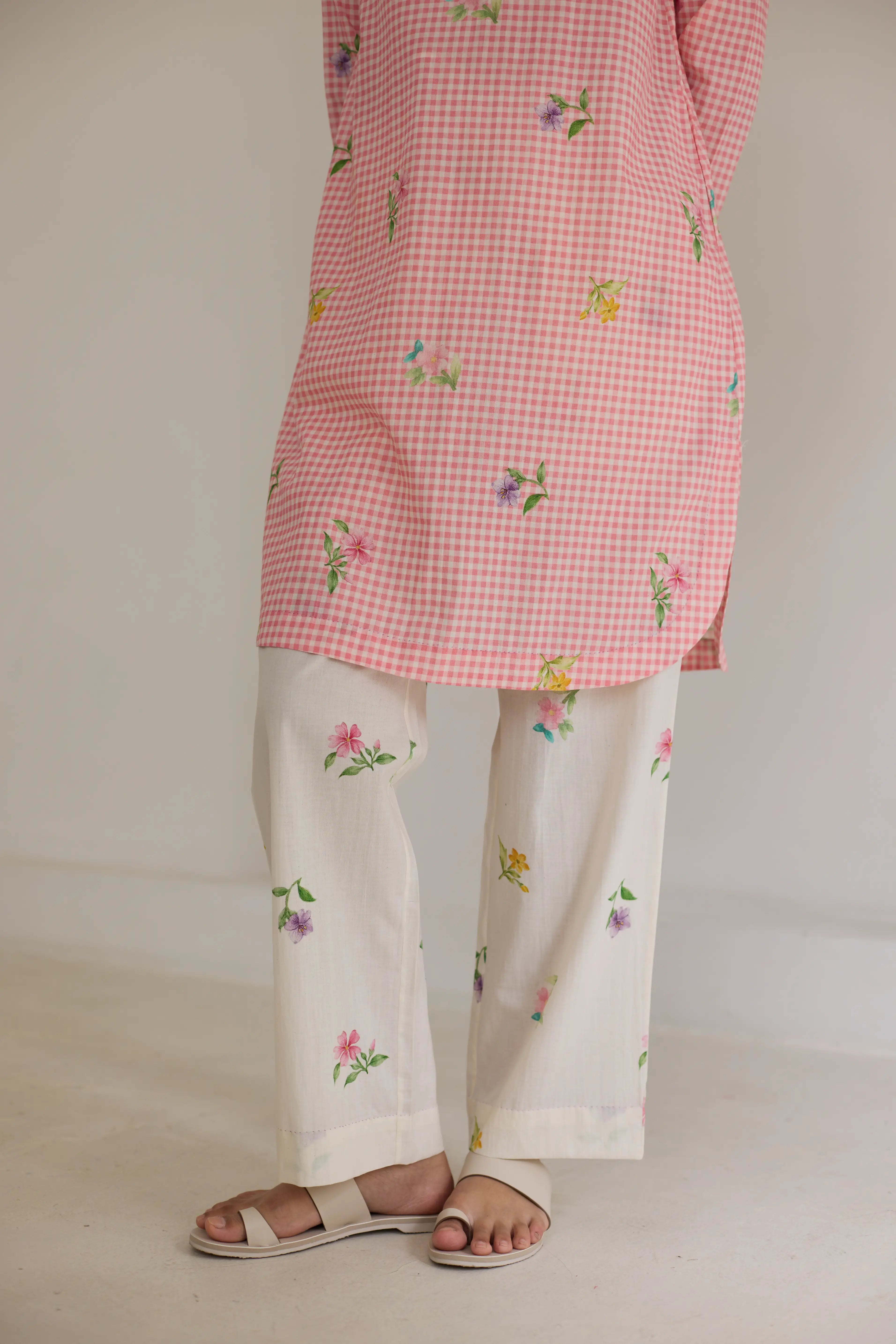 Pink Checks, Mallow Pants Short Kurta Set