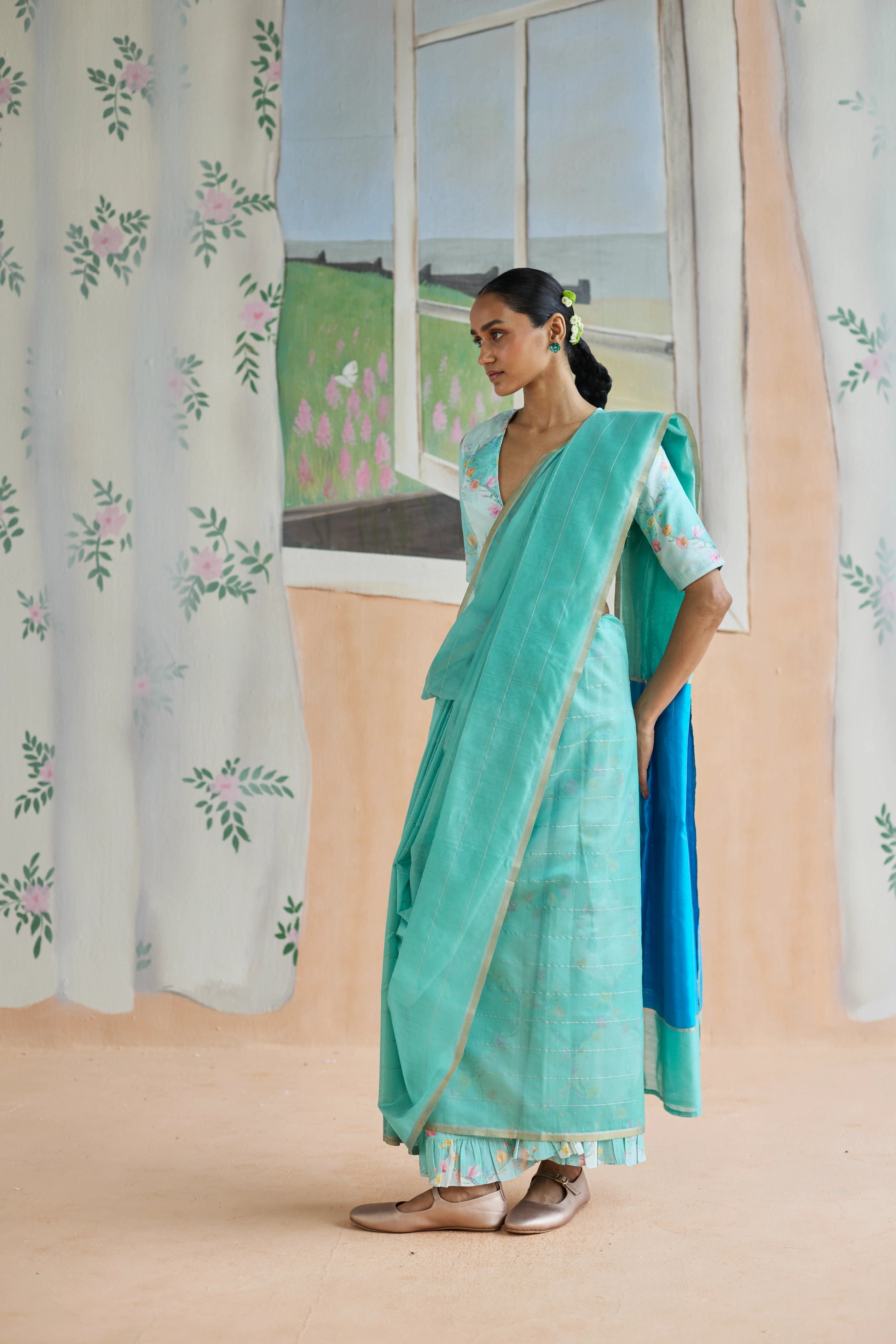 Aqua Scape Chanderi Sari