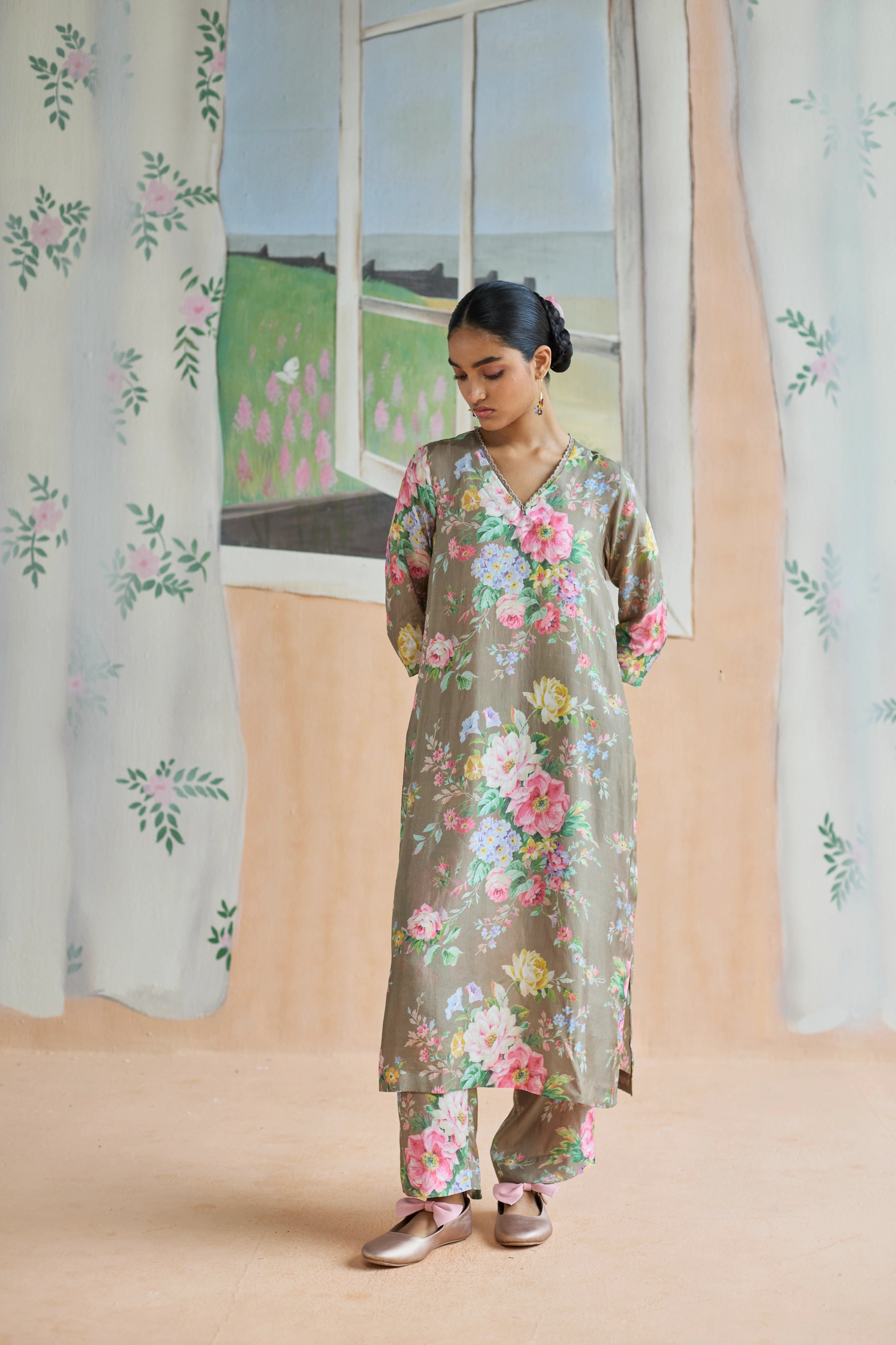 Mocha Long Kurta Set Bamboo Silk