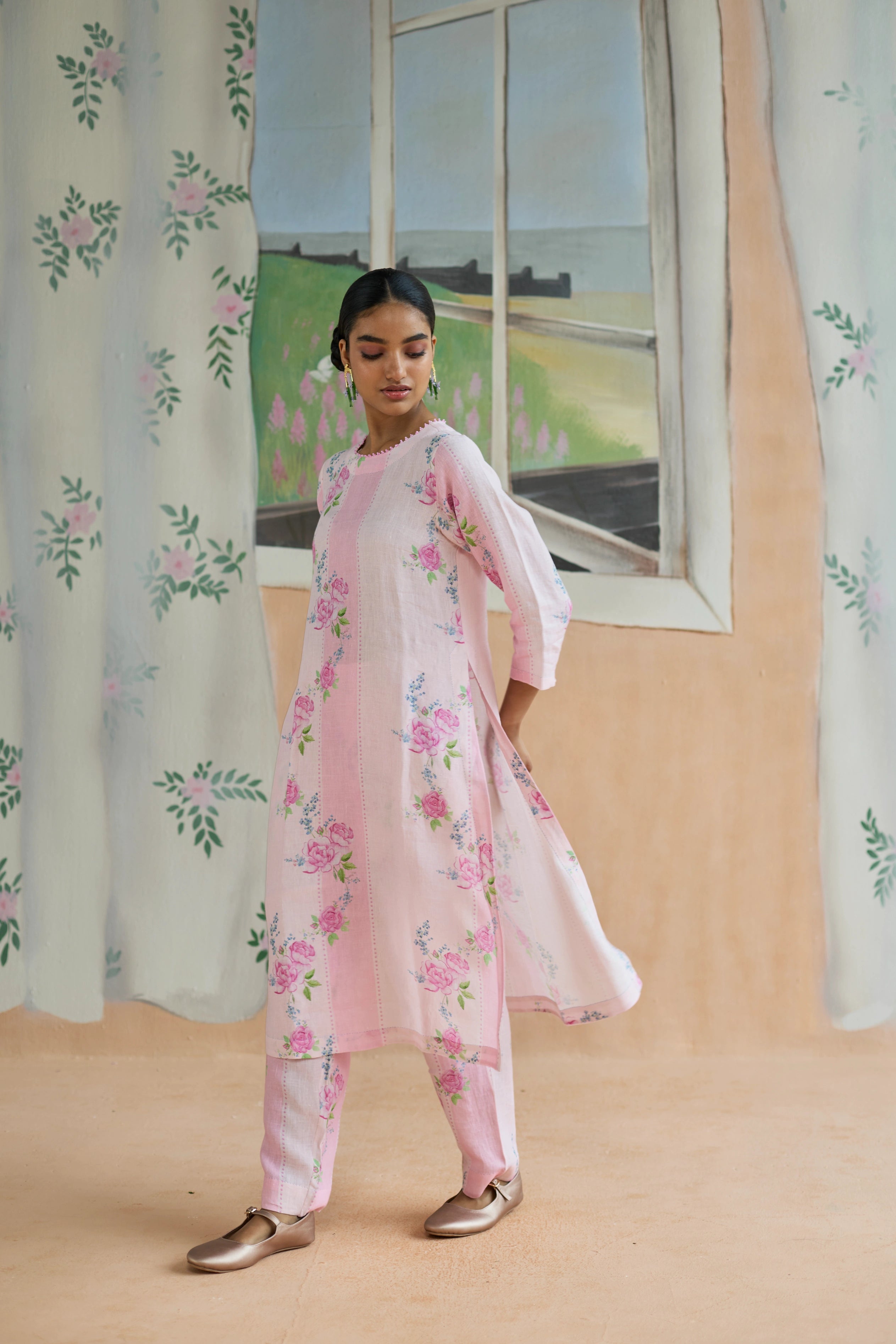 Rose Haze Long Kurta Set Linen