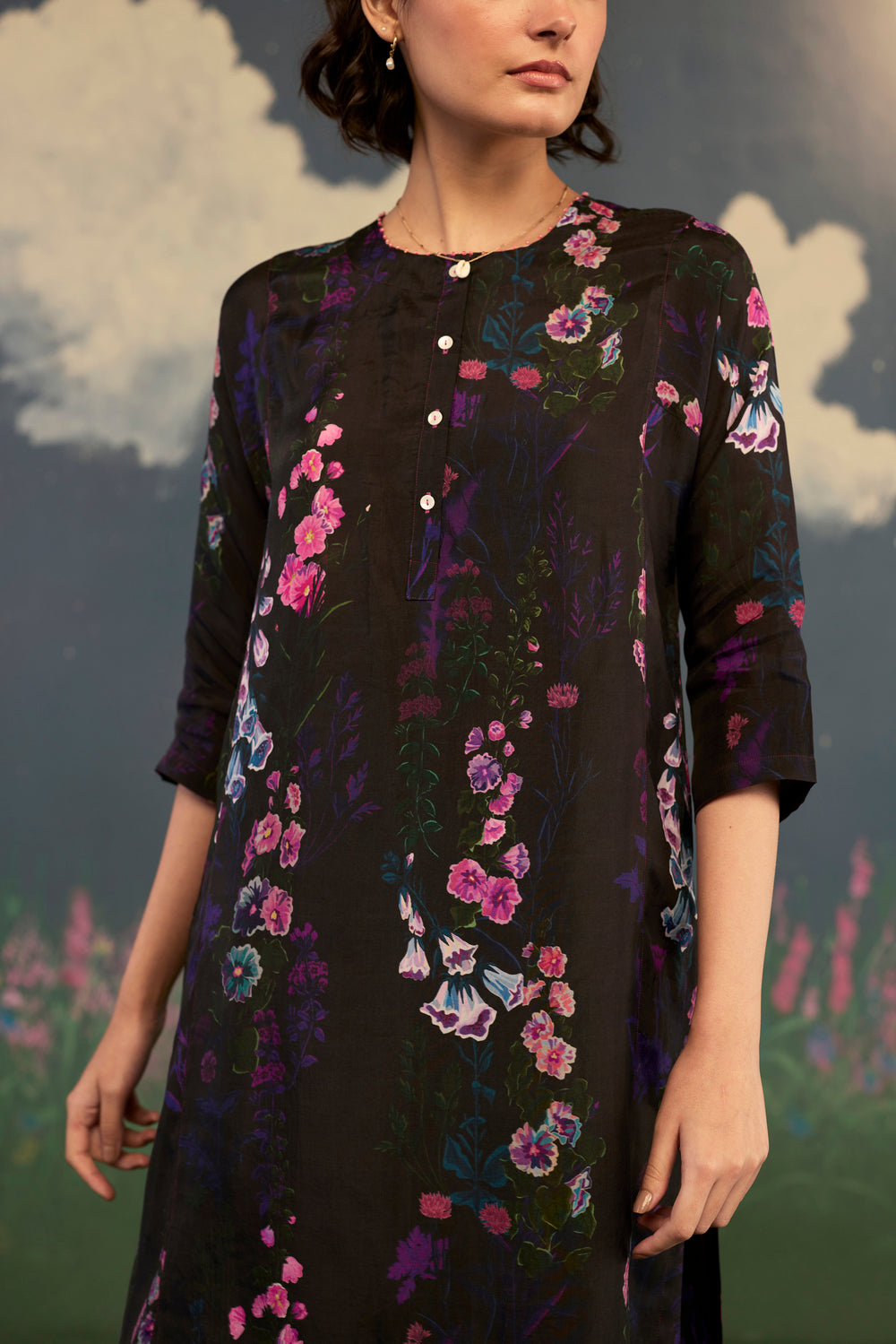 Foxglove Panelled Mid Kurta Set Bamboo Silk