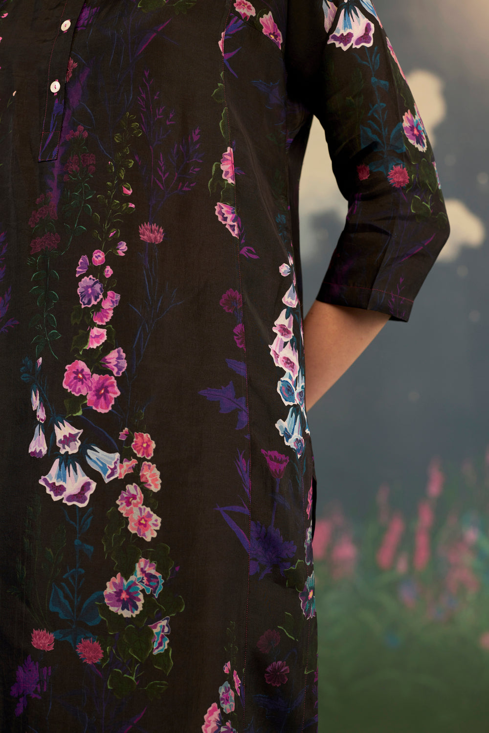 Foxglove Panelled Mid Kurta Set Bamboo Silk