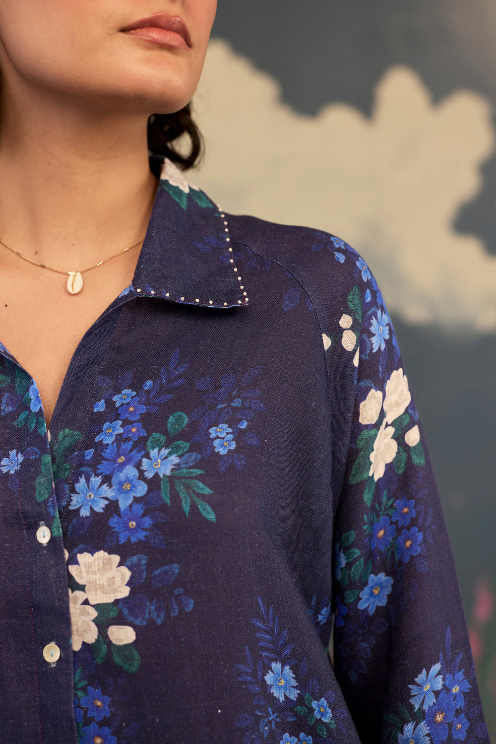 Blue Morning Glory Long Shirt Kurta Set Linen