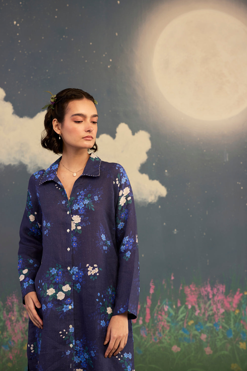 Blue Morning Glory Long Shirt Kurta Set Linen