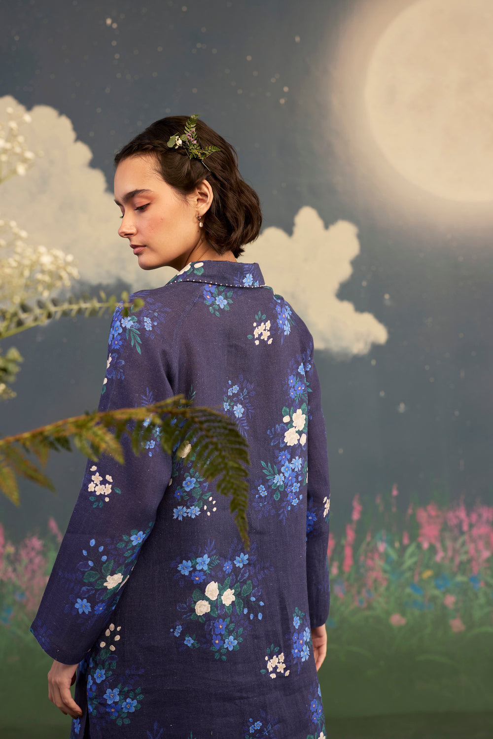 Blue Morning Glory Long Shirt Kurta Set Linen