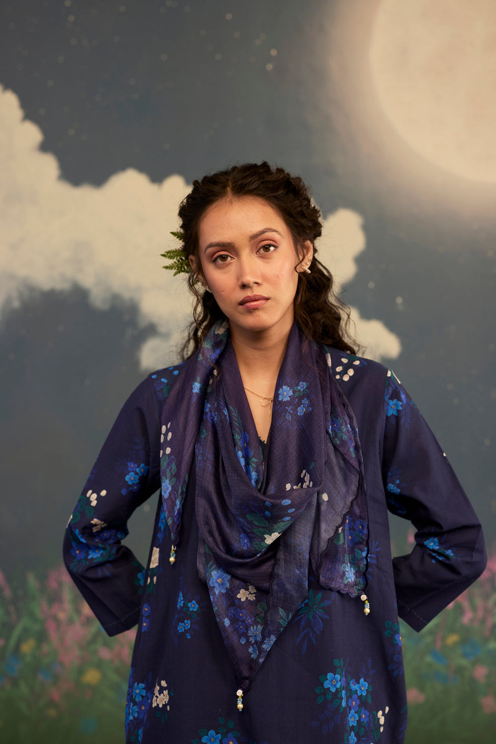 Blue Morning Glory Short Kurta Set V Neck Cotton