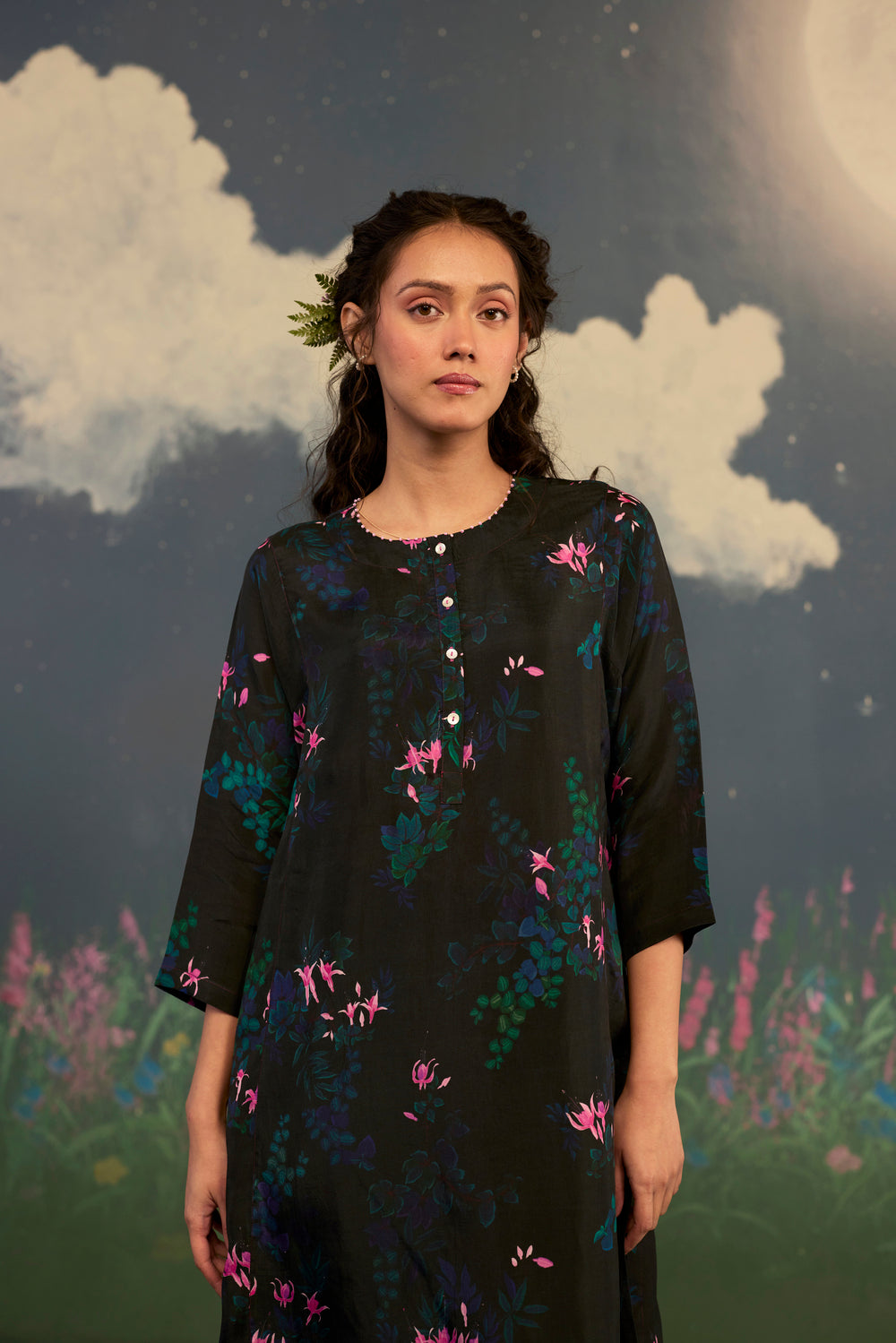 Fuchsia Panelled Mid Kurta Set Bamboo Silk