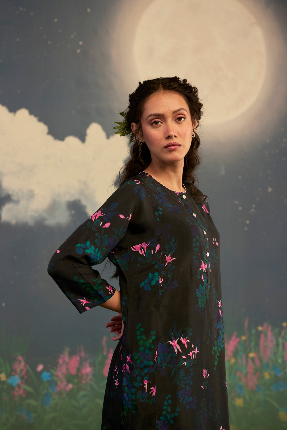 Fuchsia Panelled Mid Kurta Set Bamboo Silk