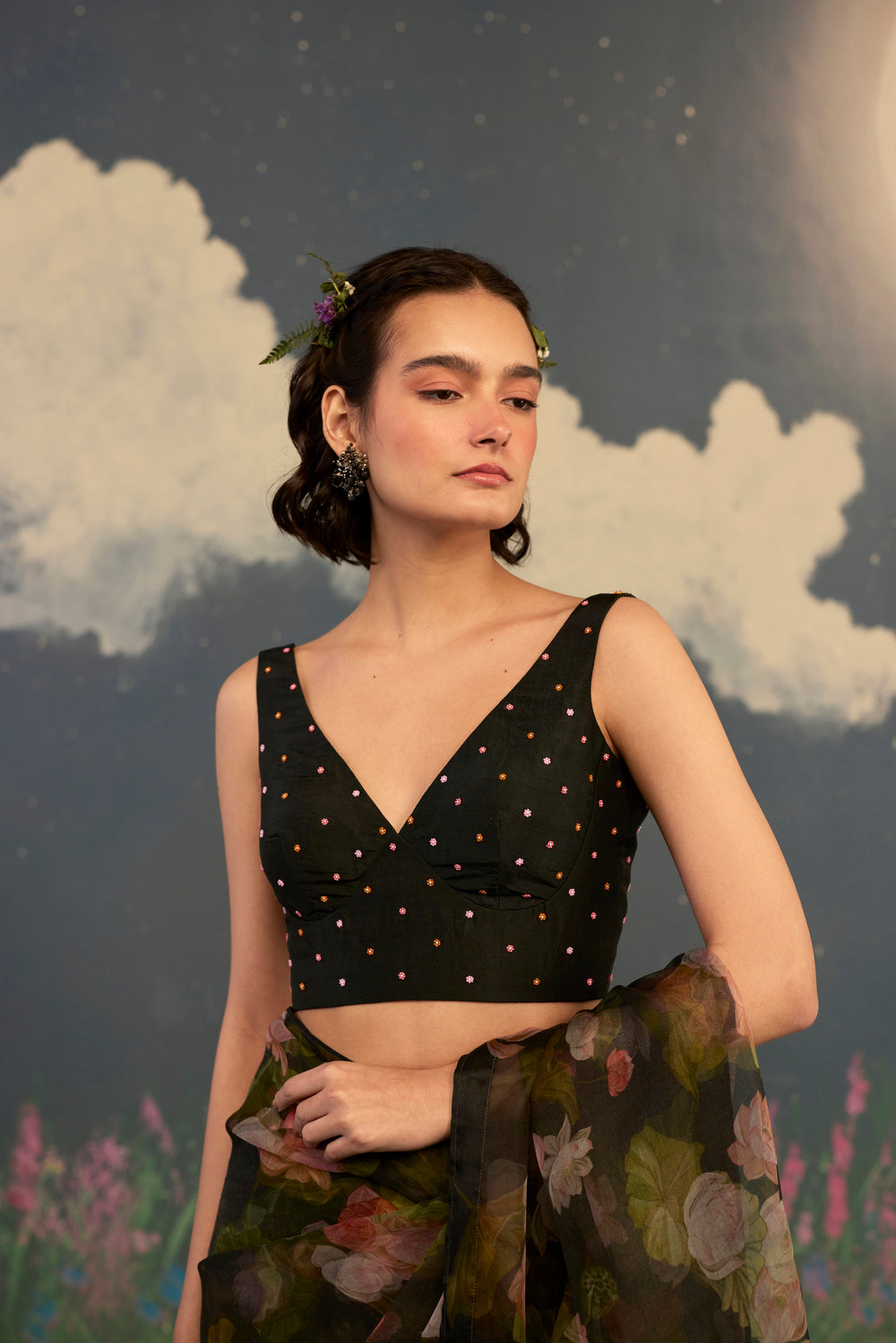 Night Stars Deep V-neck Padded Silk Blouse