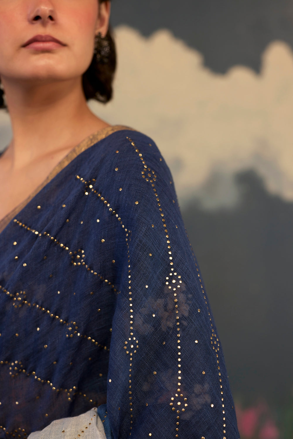 Midnight Ombre Linen Sari with Gold Dots