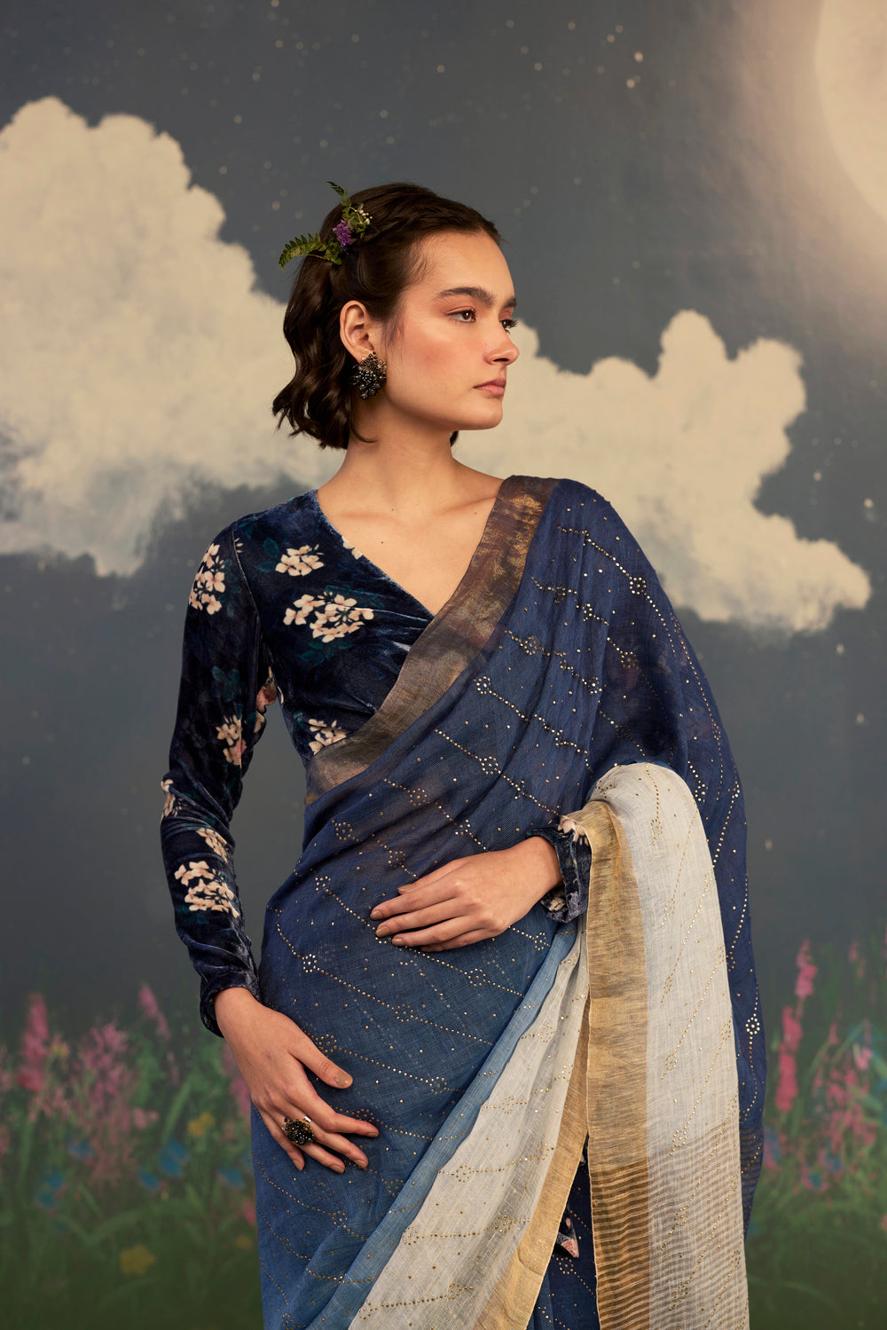 Midnight Ombre Linen Sari with Gold Dots