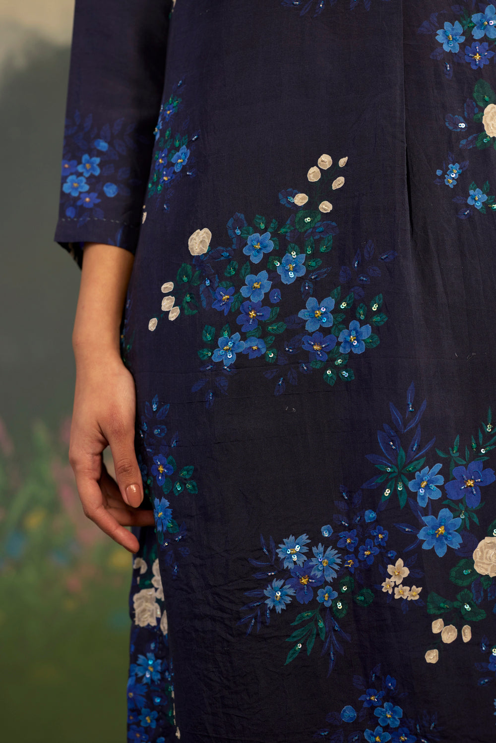 Blue Morning Glory Mulberry Silk Long Kurta Set