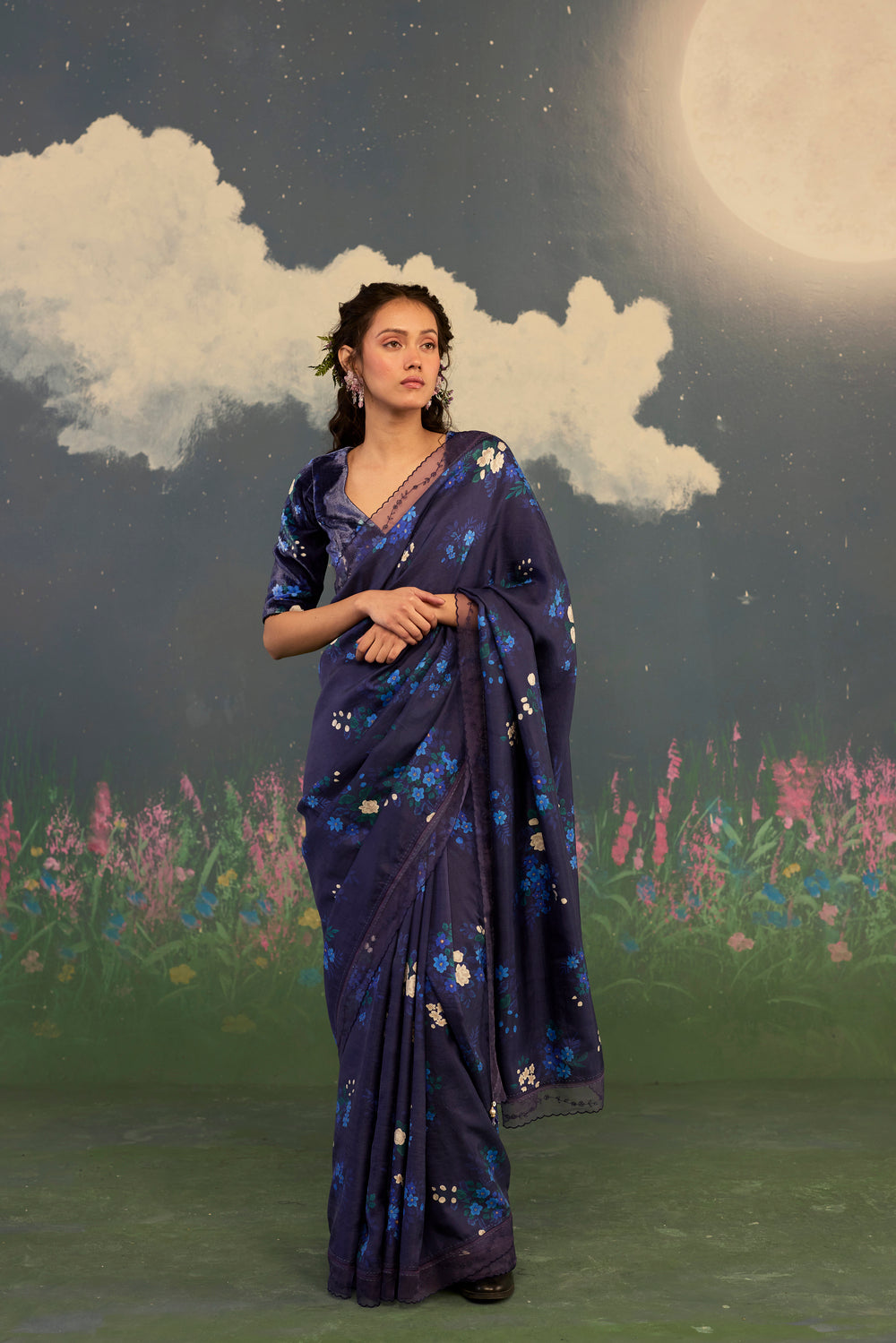 Blue Morning Glory Mulberry Silk Sari