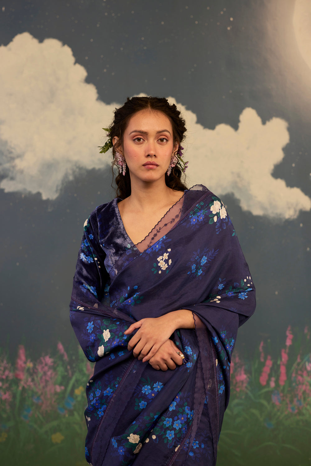 Blue Morning Glory Mulberry Silk Sari