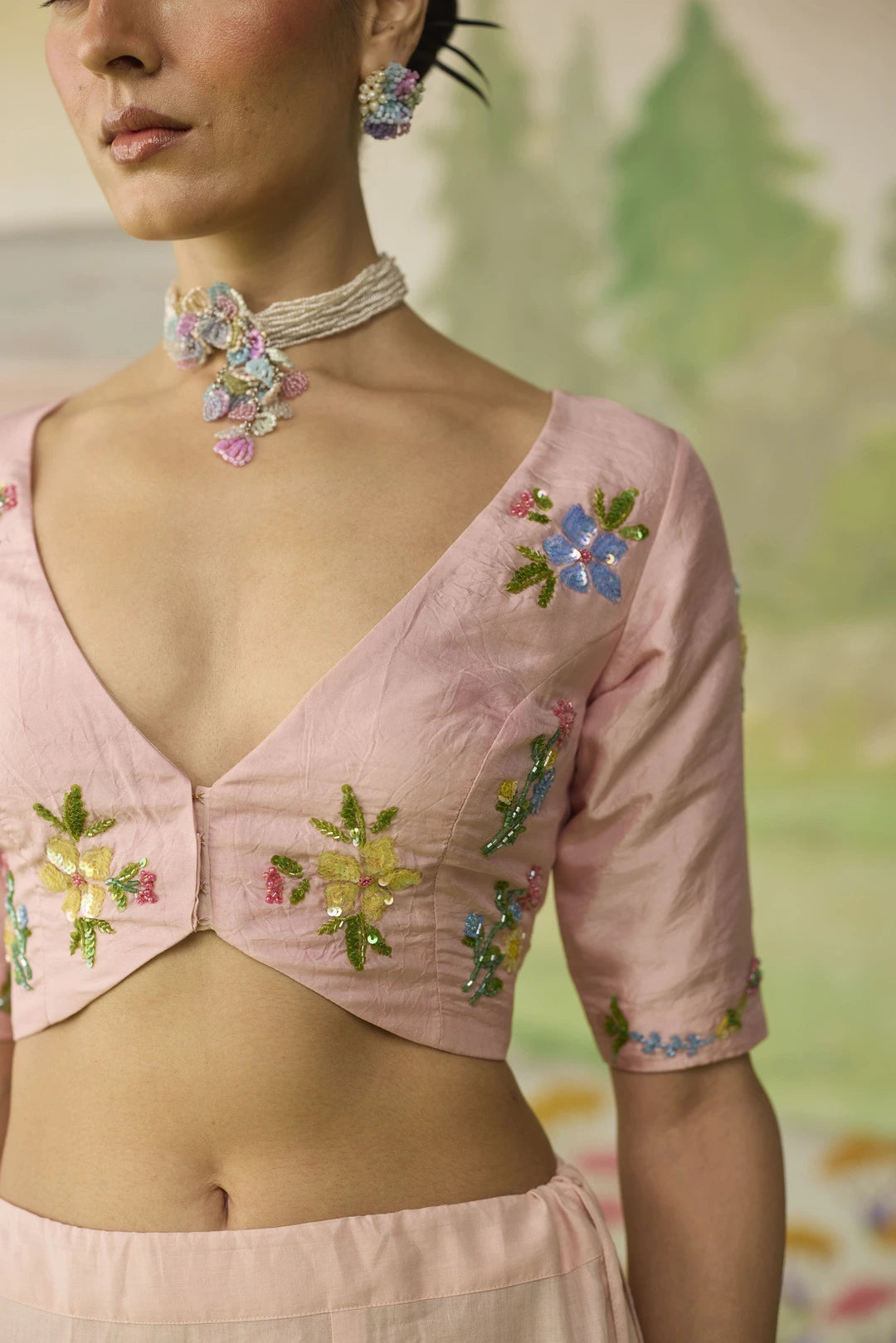 Rose water Blouse Deep V Sleeves