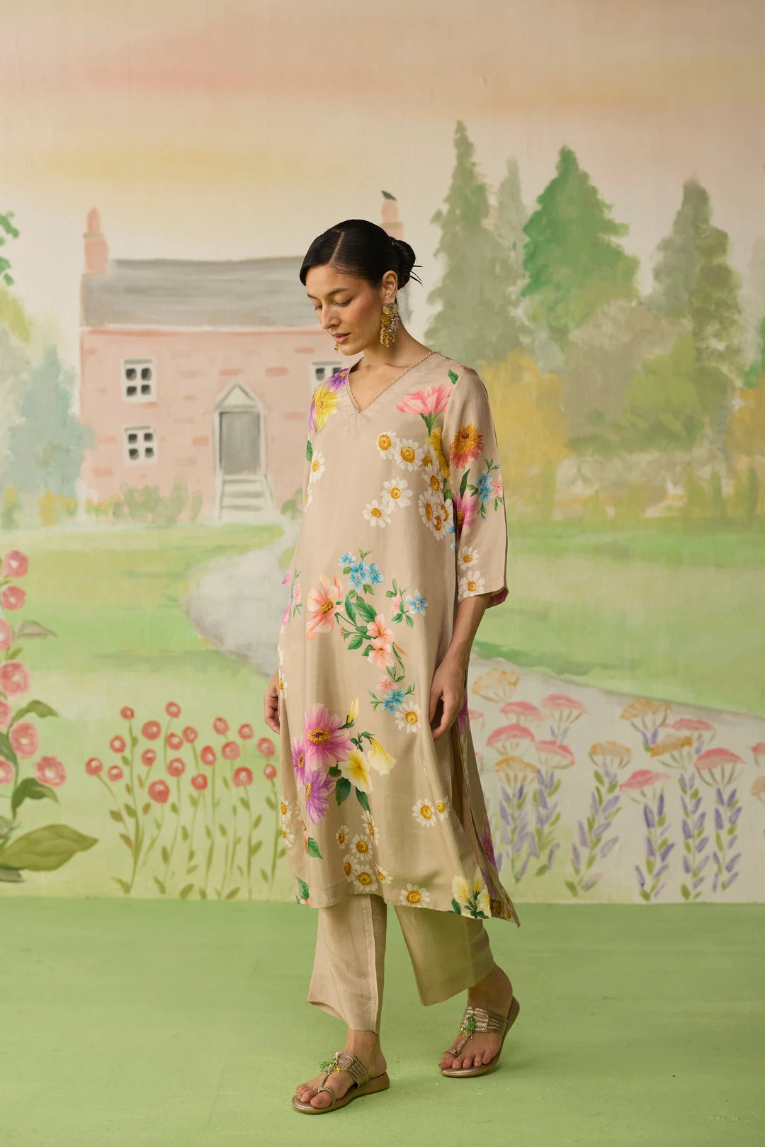 Sand Brown Daisy Long Kurta Set Muberry Silk