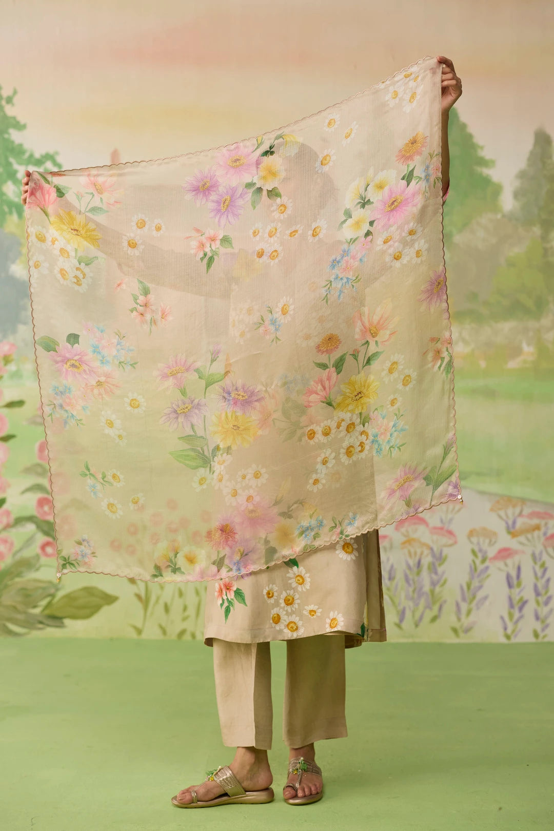 Brown Daisy Kota Doria Silk Scarf