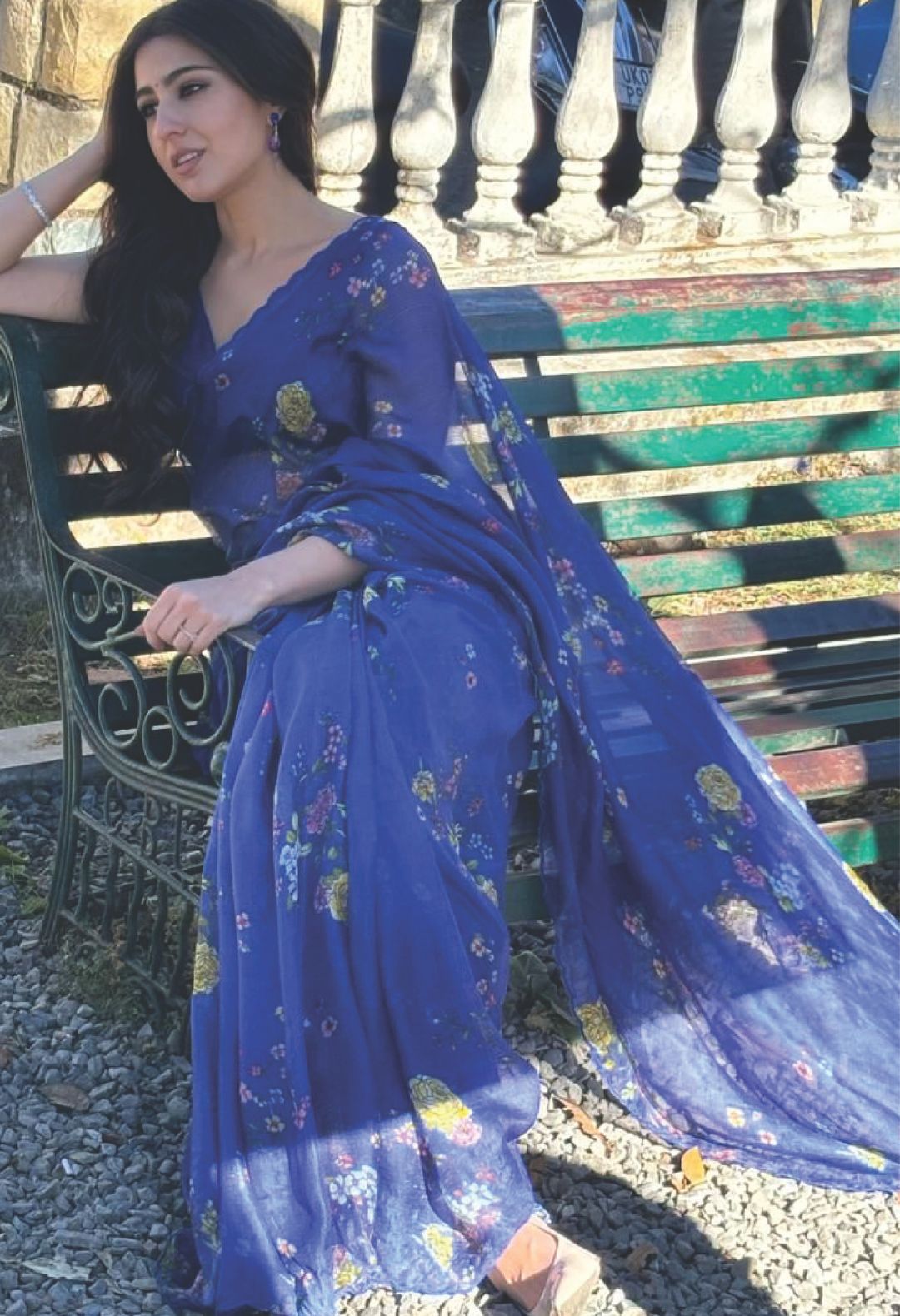 Sara Ali Khan in Royal Blue Bouquet Kota Doria Silk Sari
