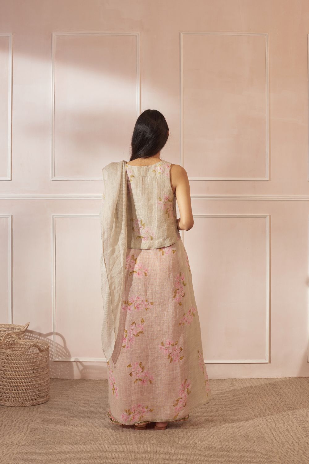 Bougainvillea Warm Green Linen Sari