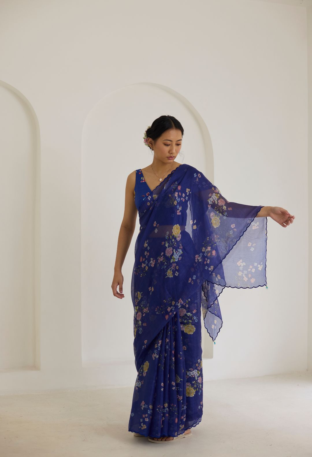 Royal Blue Bouquet Kota Doria Silk Sari