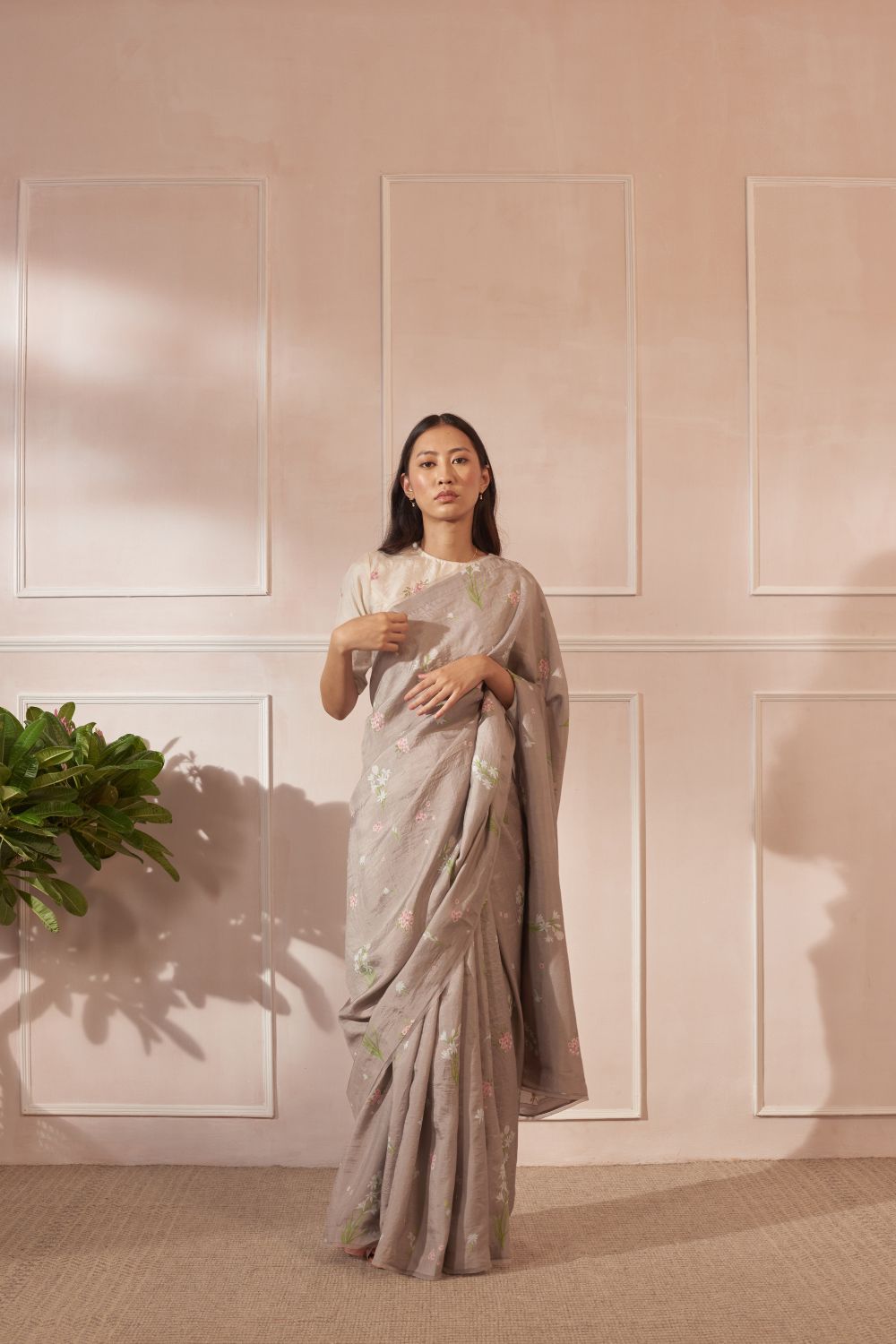 Parijaat and Periwinkle Mulberry Silk Sari