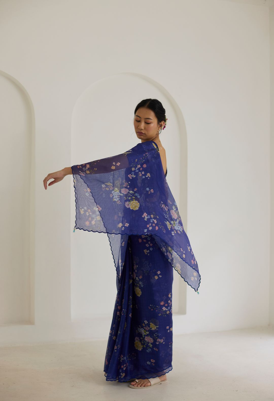Royal Blue Bouquet Kota Doria Silk Sari