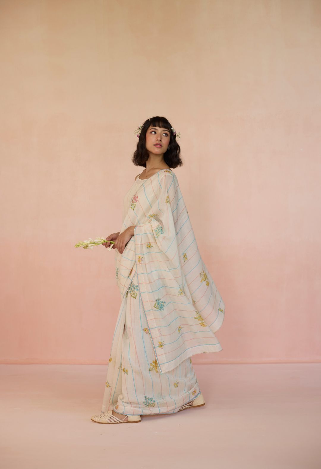 Ditsy Silk and Cotton Stripe Sari