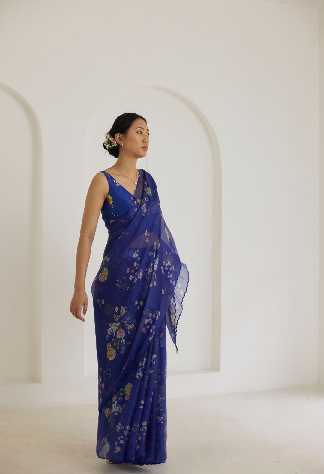 Royal Blue Bouquet Kota Doria Silk Sari