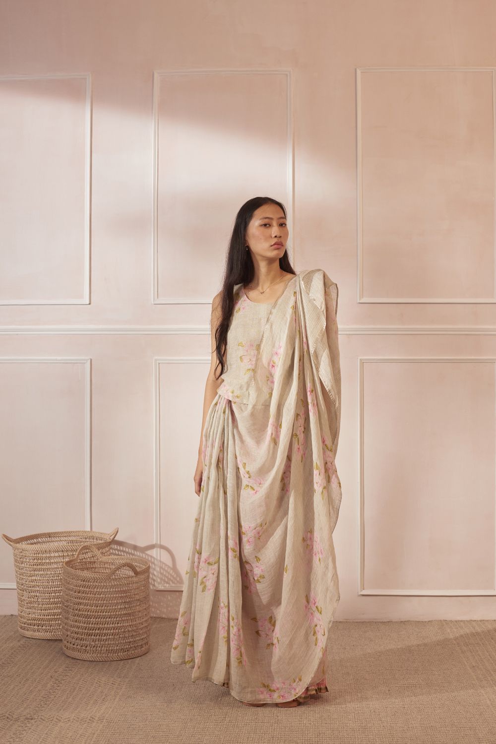 Bougainvillea Warm  Green Linen Sari